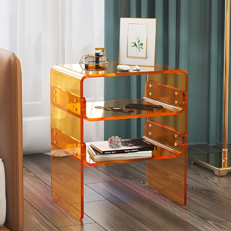 Modern Orange 3-Tier Acrylic Side Table - Heavy-Duty Multifunctional 3-Shelf Freestanding Furniture