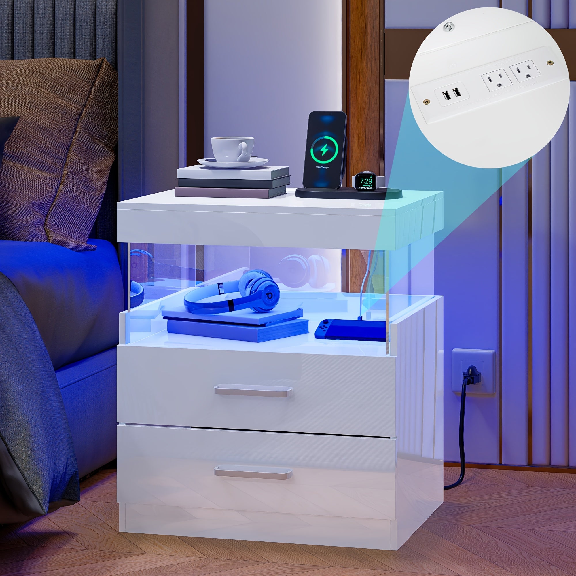 LED Nightstand with Charging Station, Modern Night Stand Set of 2 with USB Ports and Outlets