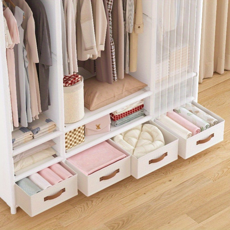 A Metal Portable Wardrobe Featuring 4 Drawers, 3 Hanging Areas, And 3 Shelves