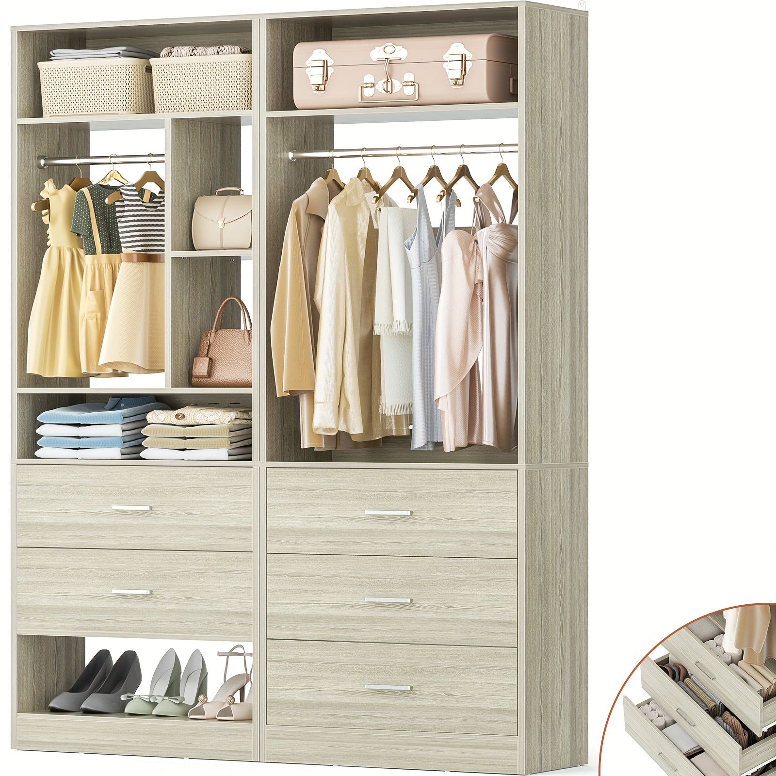 4ft Closet Systems with 5 Wood Drawers, 48 Inch Closet Organizer System with 2 Hanging Rods & 7 Shelves, Heavy Duty 48\