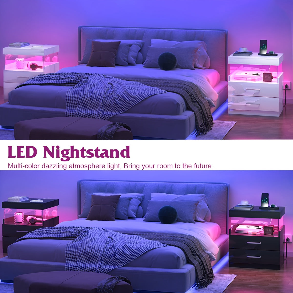 LED Nightstand with Charging Station, Modern Night Stand Set of 2 with USB Ports and Outlets