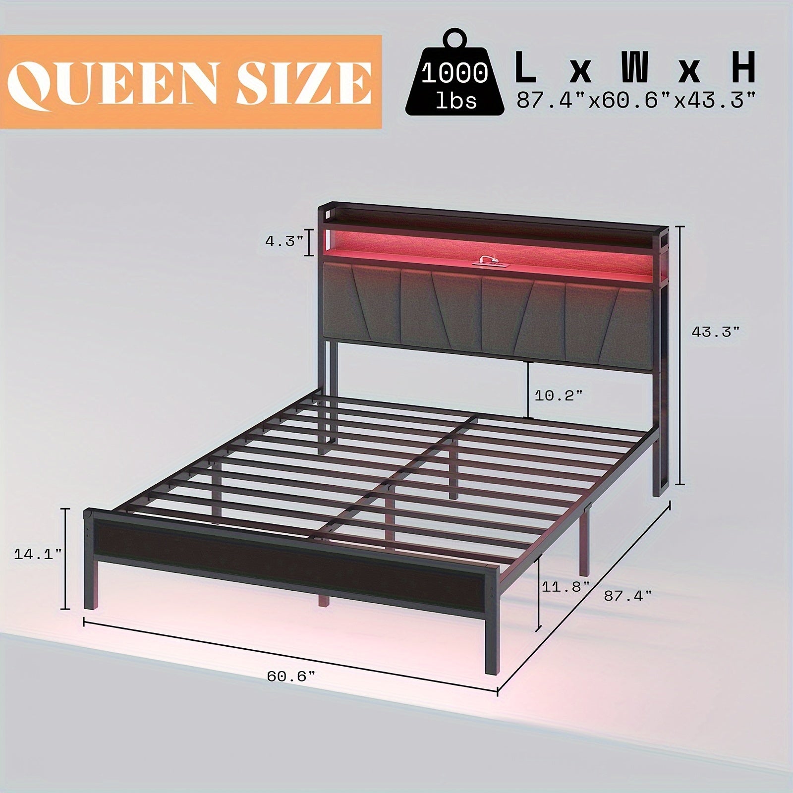 Bed Frame with RGBW LED Lights & Charging Station, Linen Upholstered Headboard with 2-Tier Storage