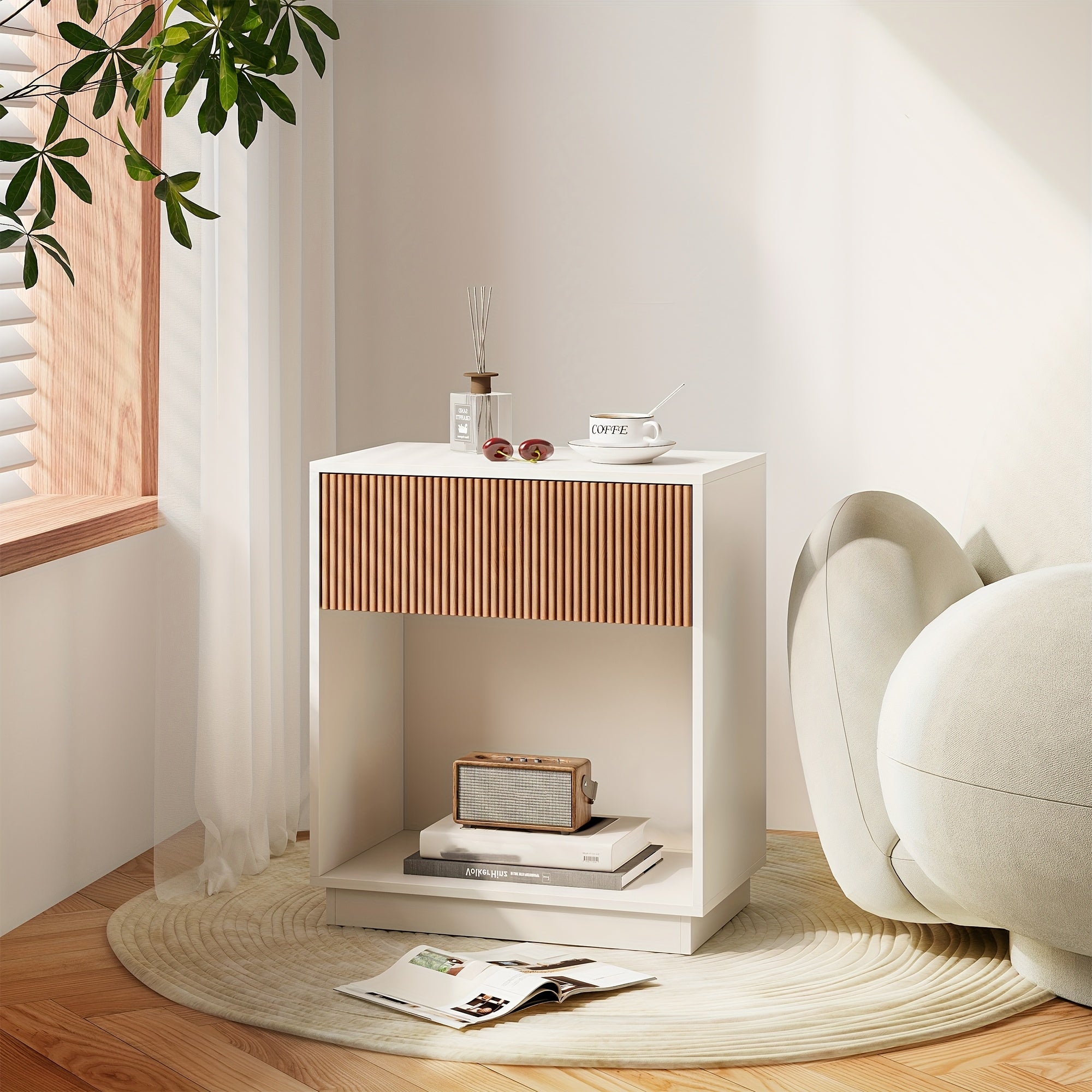 Set of 2 Modern Mid-Century White & Oak Fluted Nightstands - Bedside Tables with Drawer & Open Shelf