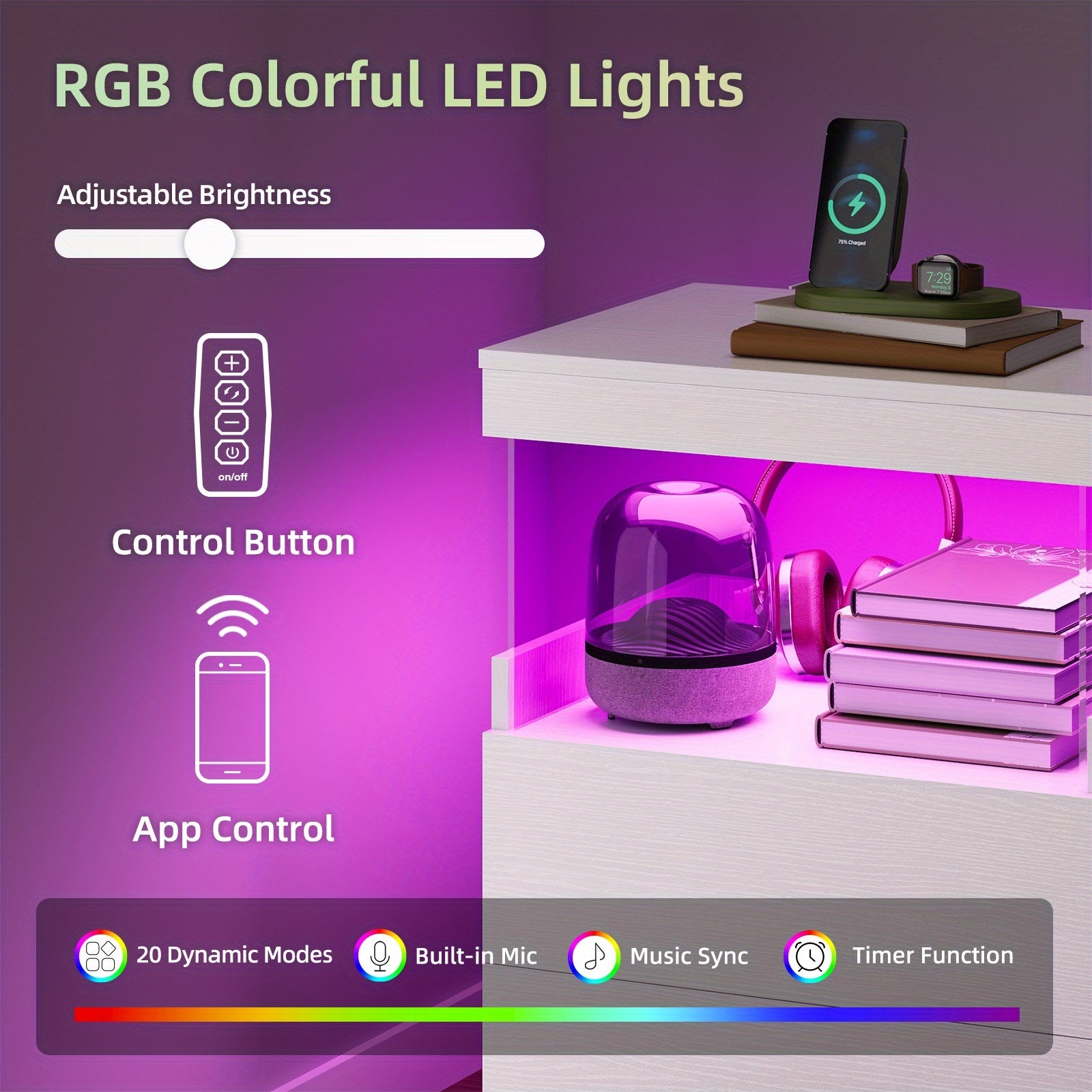 Night Stand with Charging Station And 2 Wooden Drawers