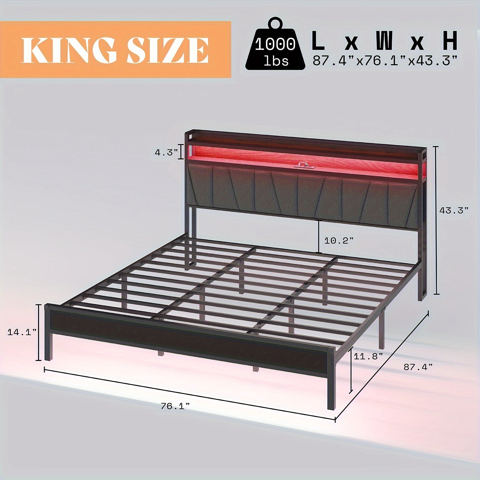 Bed Frame with RGBW LED Lights & Charging Station, Linen Upholstered Headboard with 2-Tier Storage