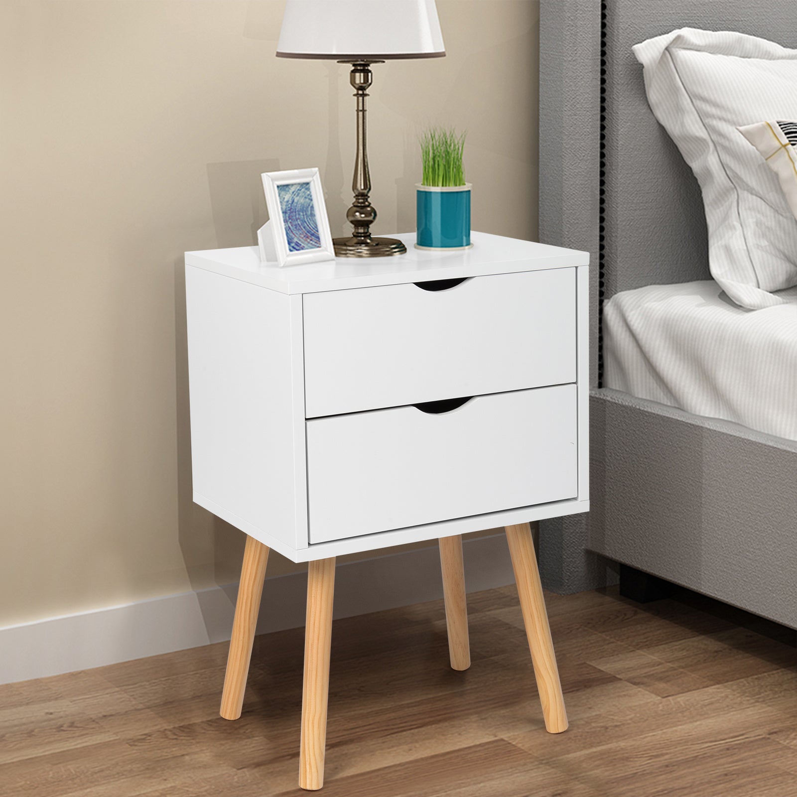 2pcs Modern White Bedside Cabinets\u002FNightstands with Two Drawers