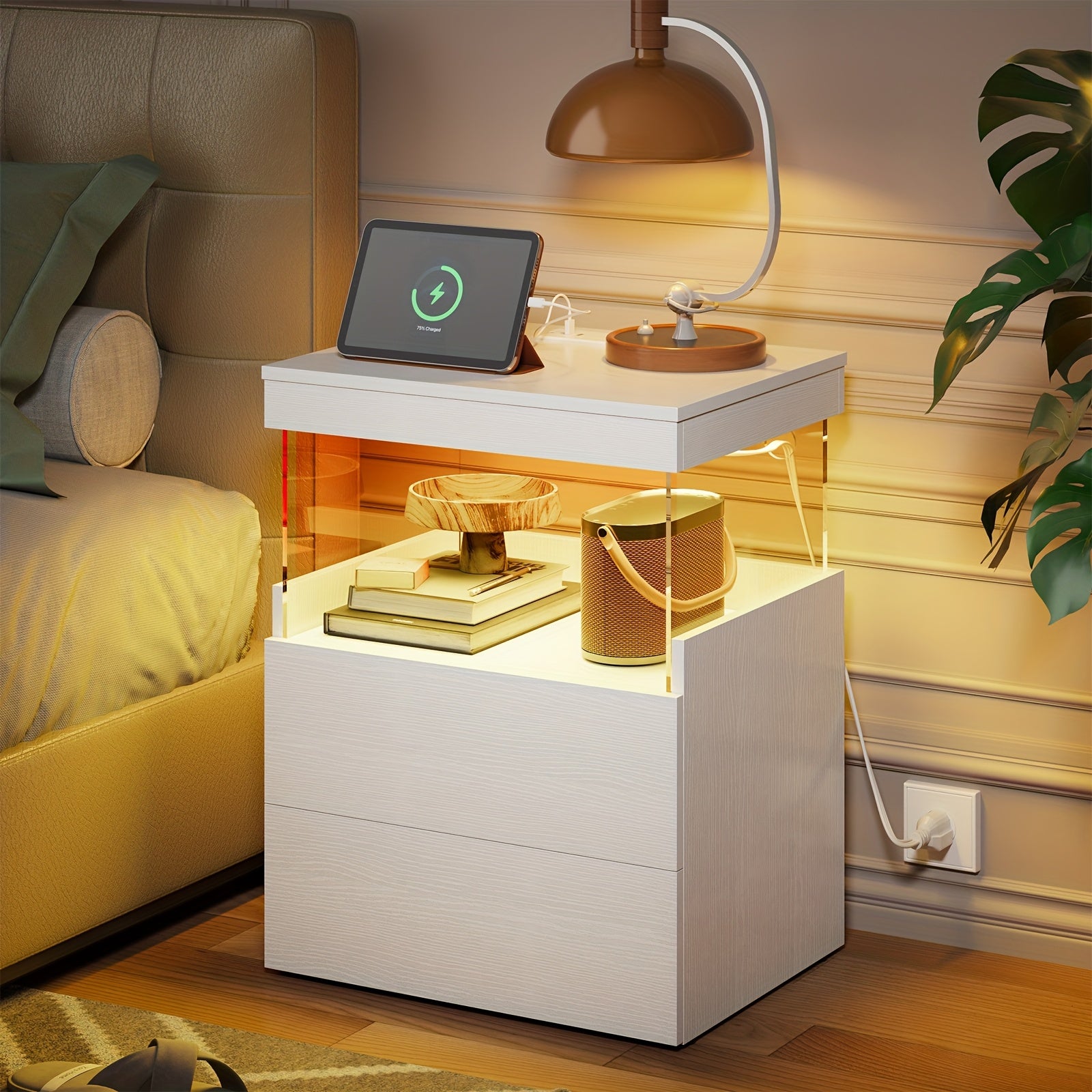 Night Stand with Charging Station And 2 Wooden Drawers