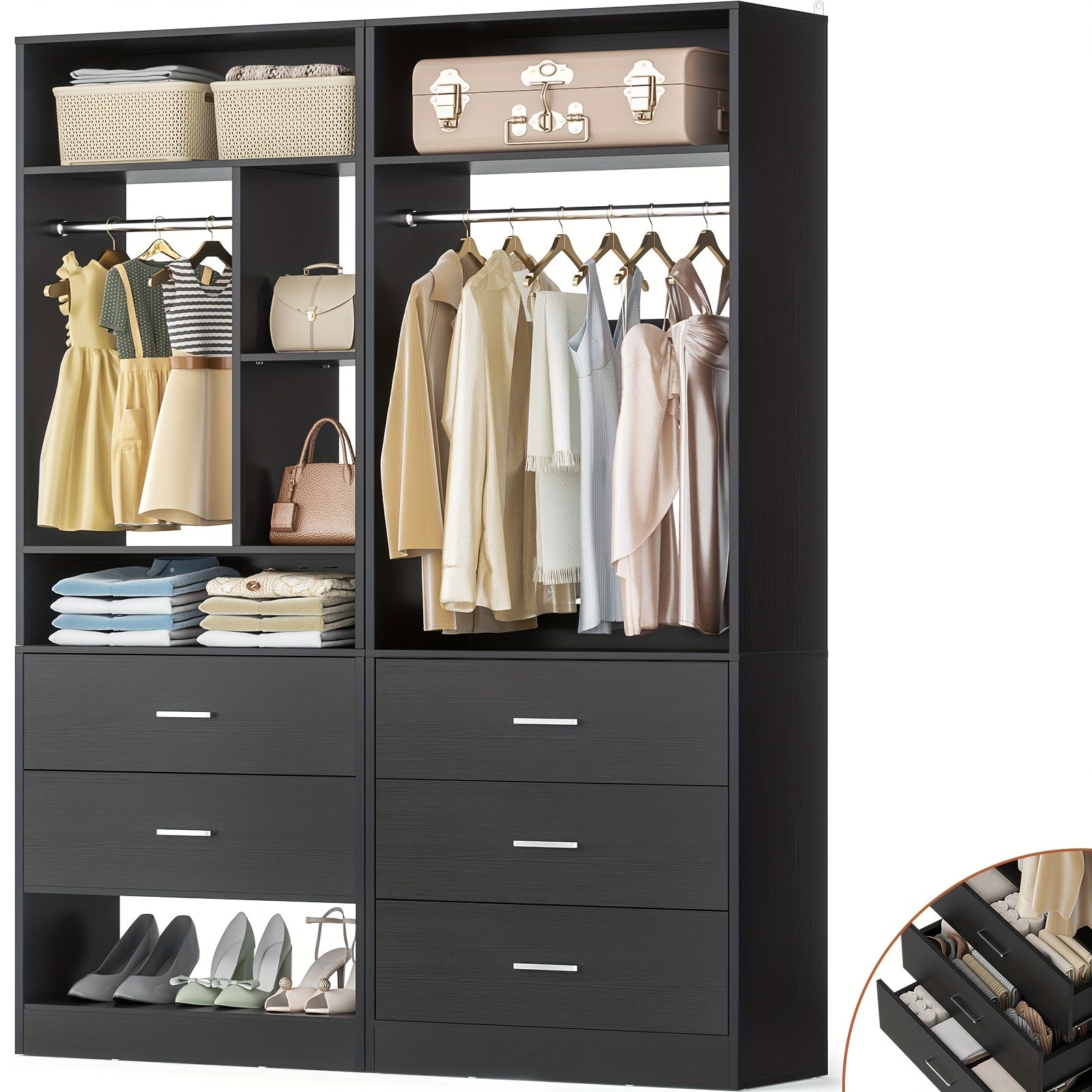 4ft Closet Systems with 5 Wood Drawers, 48 Inch Closet Organizer System with 2 Hanging Rods & 7 Shelves, Heavy Duty 48\