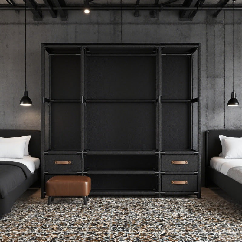 A Metal Portable Wardrobe Featuring 4 Drawers, 3 Hanging Areas, And 3 Shelves