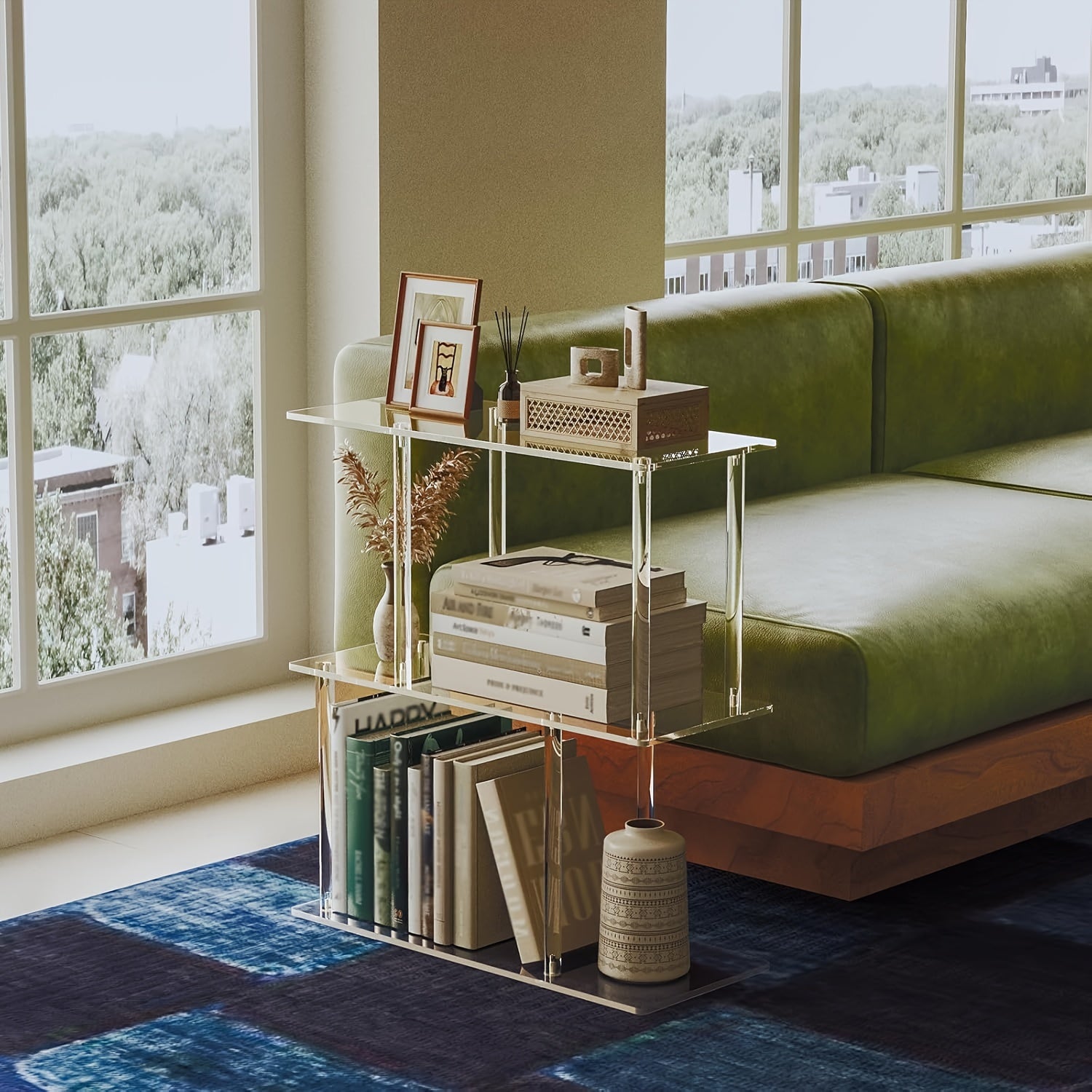 Transparent Acrylic Geometric Bookshelf, Minimalist Bedside Table