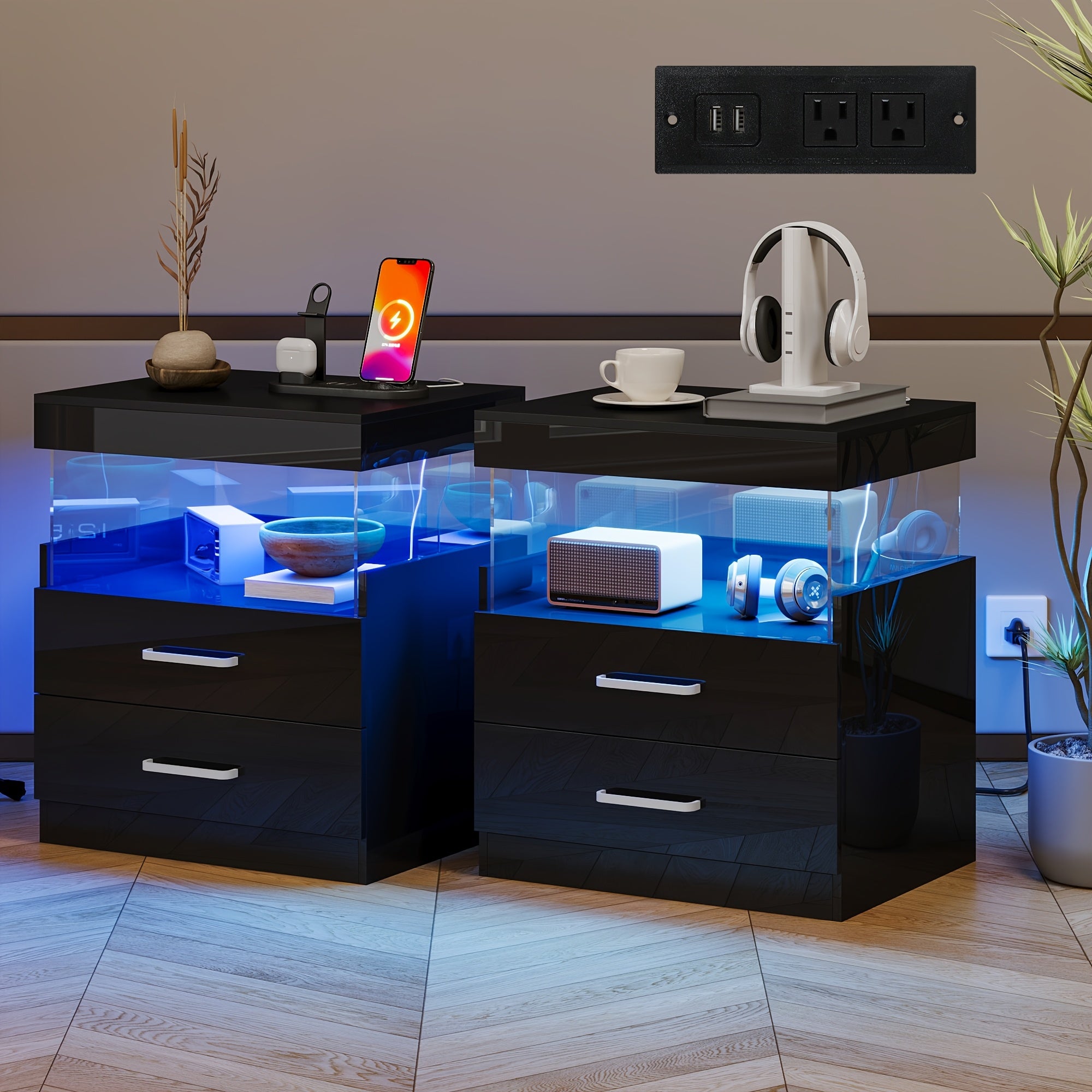 LED Nightstand with Charging Station, Modern Night Stand Set of 2 with USB Ports and Outlets