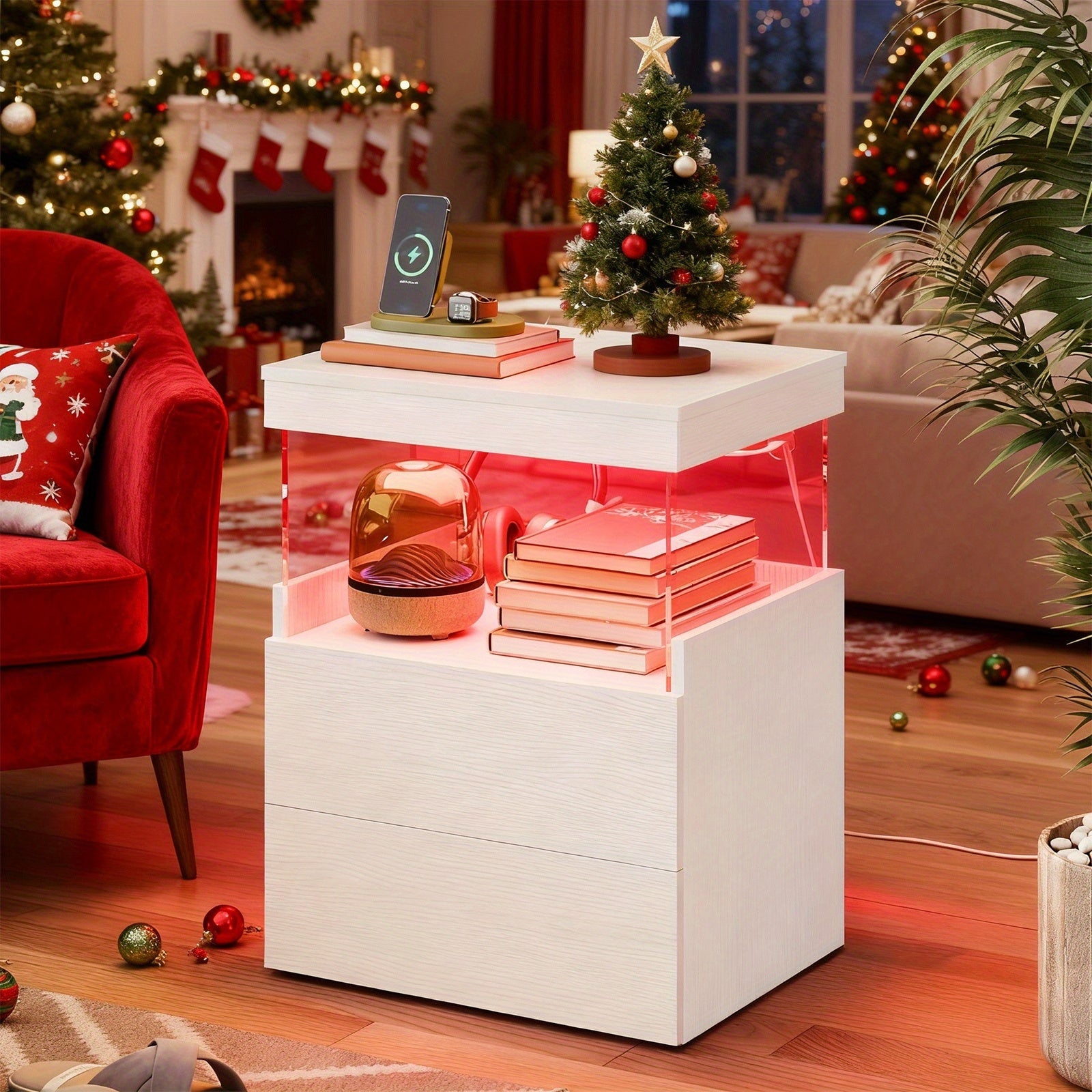 Night Stand with Charging Station And 2 Wooden Drawers