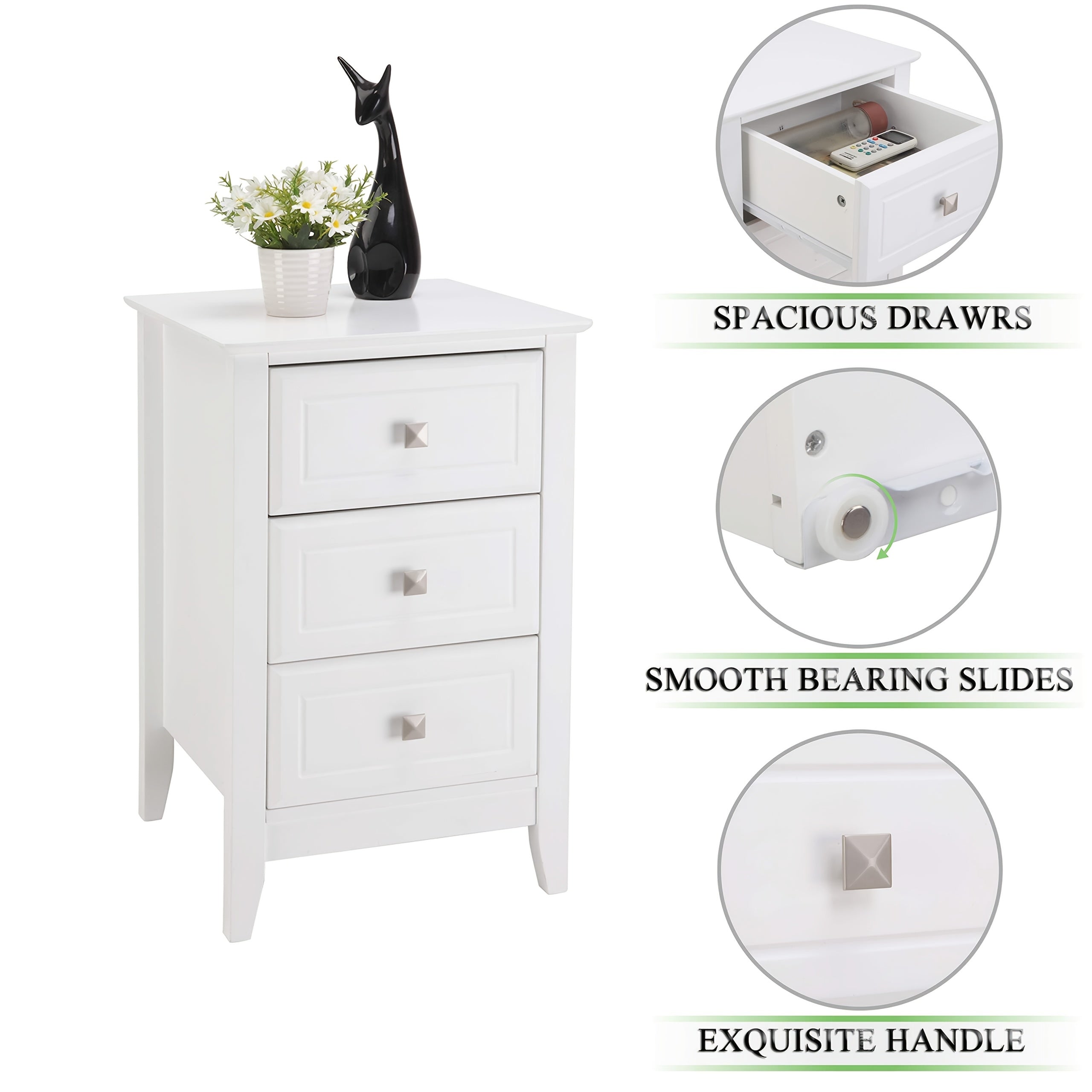 Bonnlo Modern Minimalist Nightstand - No Assembly Required Bedside Table with 3 Smooth-Gliding Drawers
