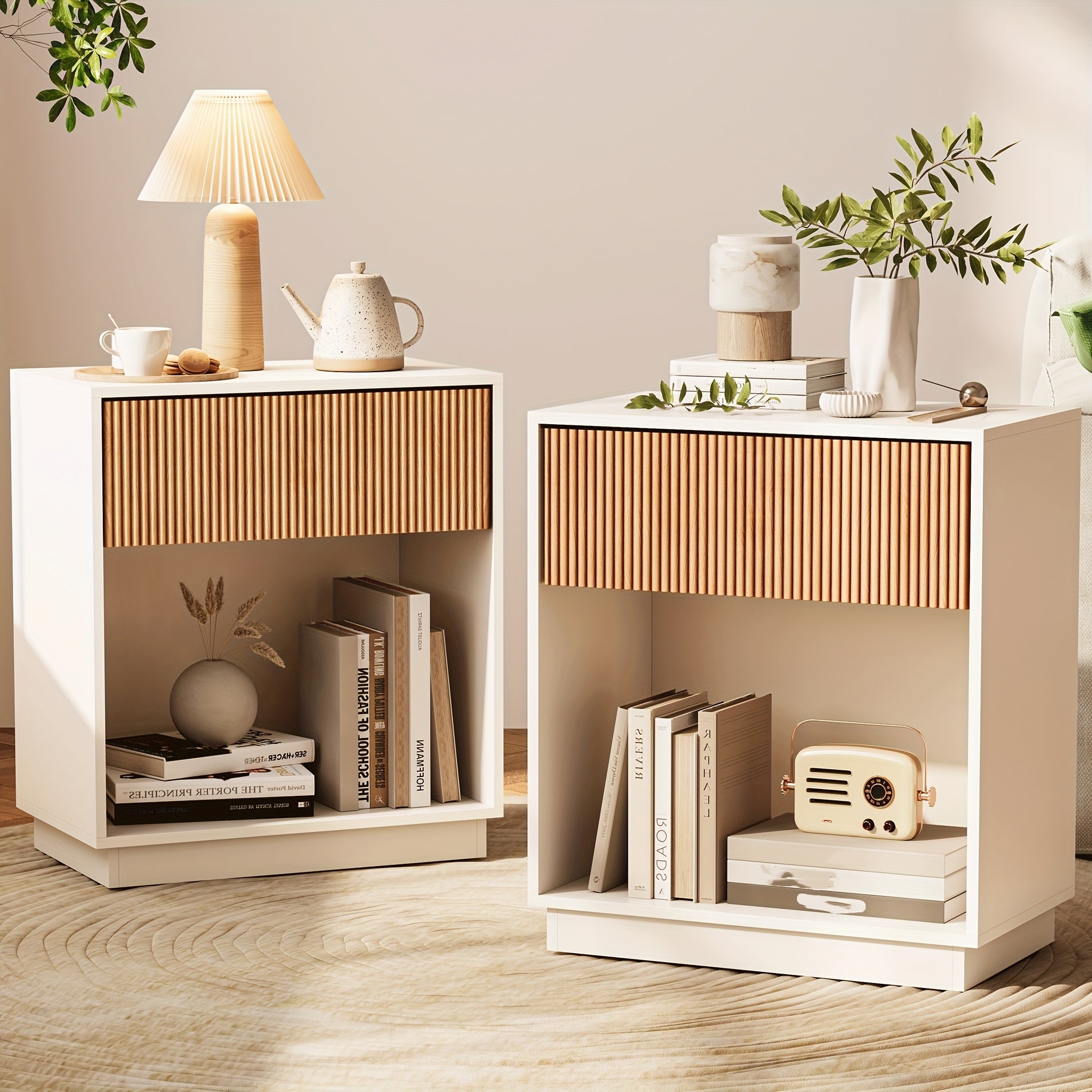 Set of 2 Modern Mid-Century White & Oak Fluted Nightstands - Bedside Tables with Drawer & Open Shelf