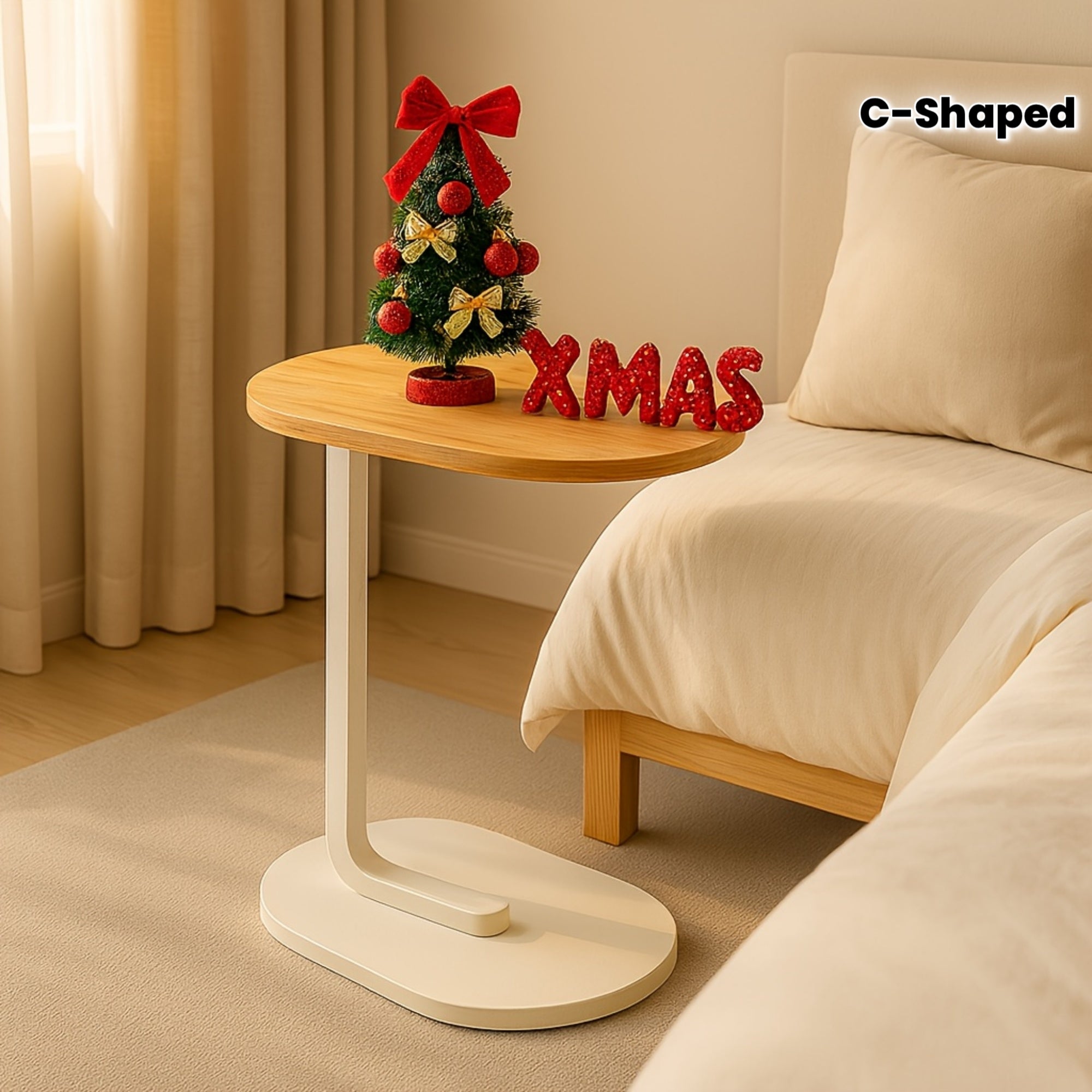 Modern C-Shaped Side Table with Round Bedside Table & Sofa End Table - Space-Saving Narrow Bedside Cabinet