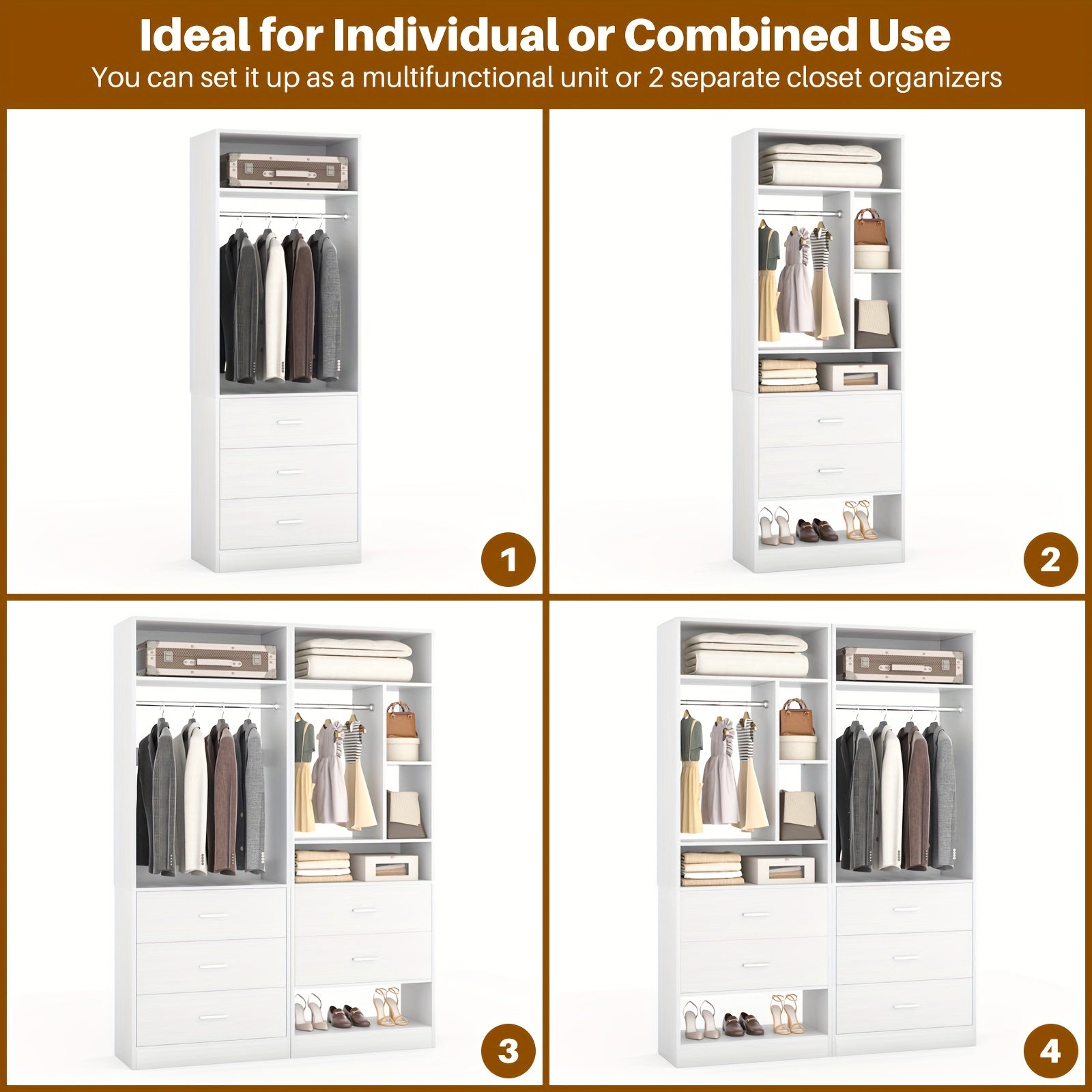 4ft Closet Systems with 5 Wood Drawers, 48 Inch Closet Organizer System with 2 Hanging Rods & 7 Shelves, Heavy Duty 48\