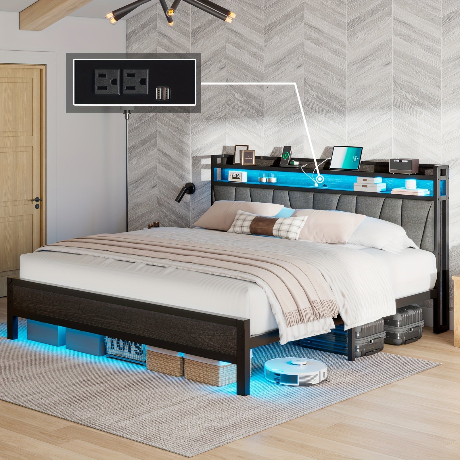 Bed Frame with RGBW LED Lights & Charging Station, Linen Upholstered Headboard with 2-Tier Storage