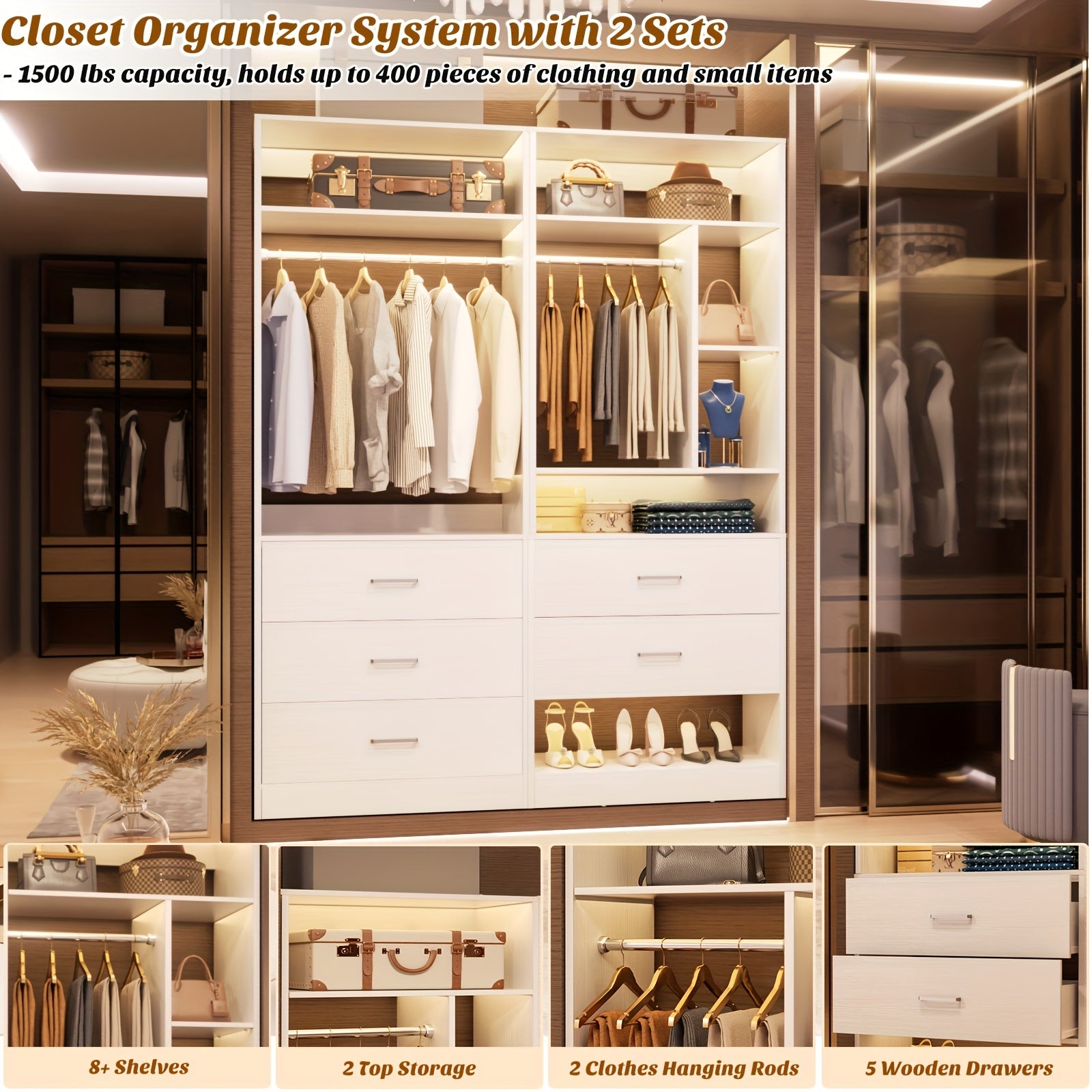 4ft Closet Systems with 5 Wood Drawers, 48 Inch Closet Organizer System with 2 Hanging Rods & 7 Shelves, Heavy Duty 48\