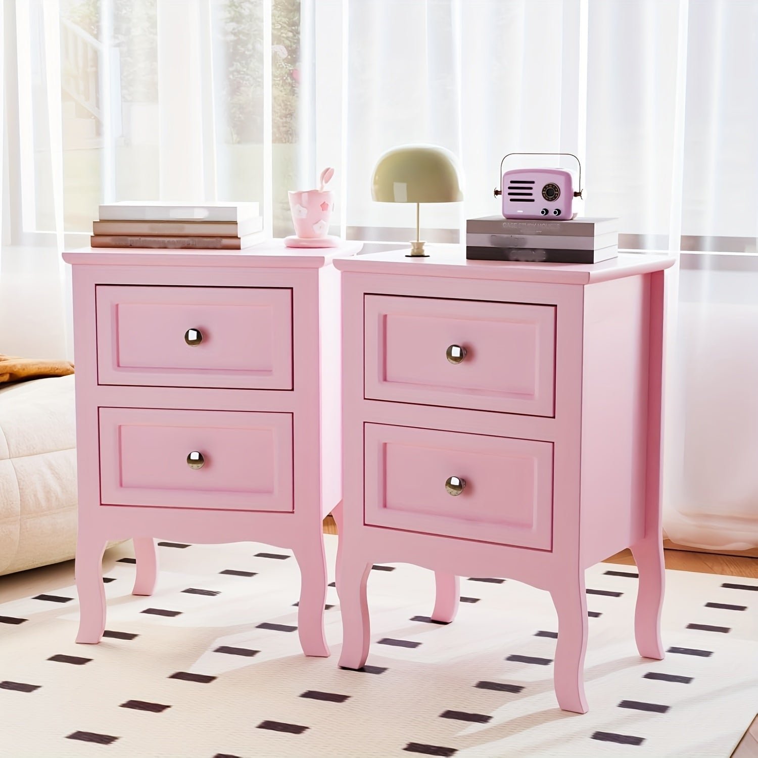 Pastoral Style Double Drawer Bedside Table, Painted Surface Density Board