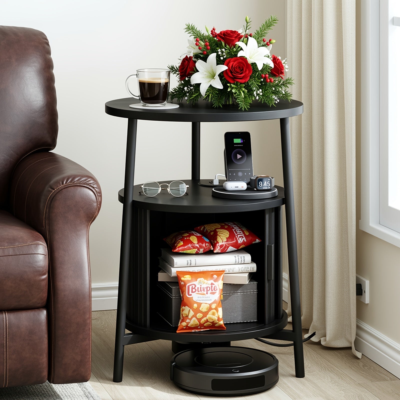 Round Side Table with Storage, Fluted Nightstand with Charging Station