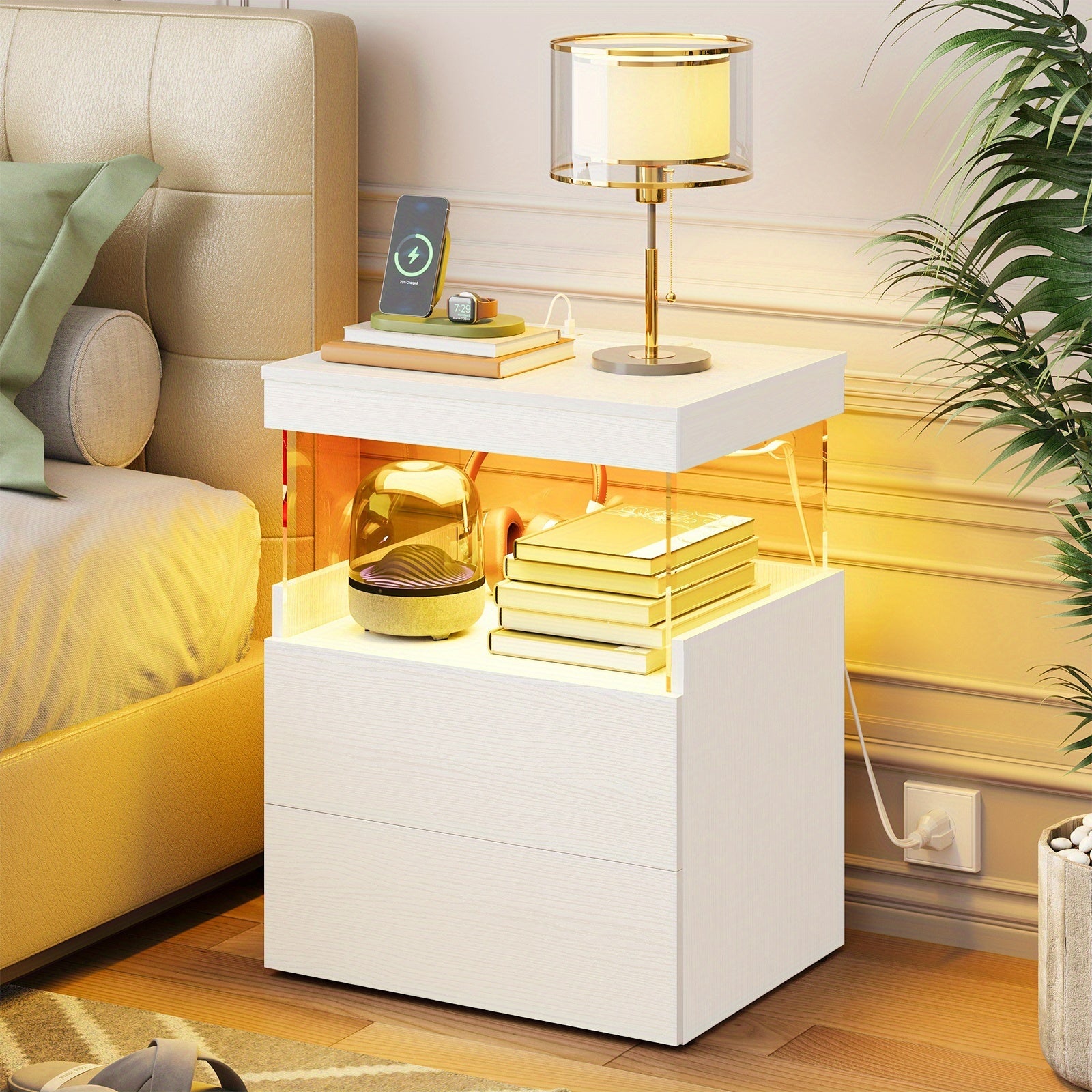 Night Stand with Charging Station And 2 Wooden Drawers