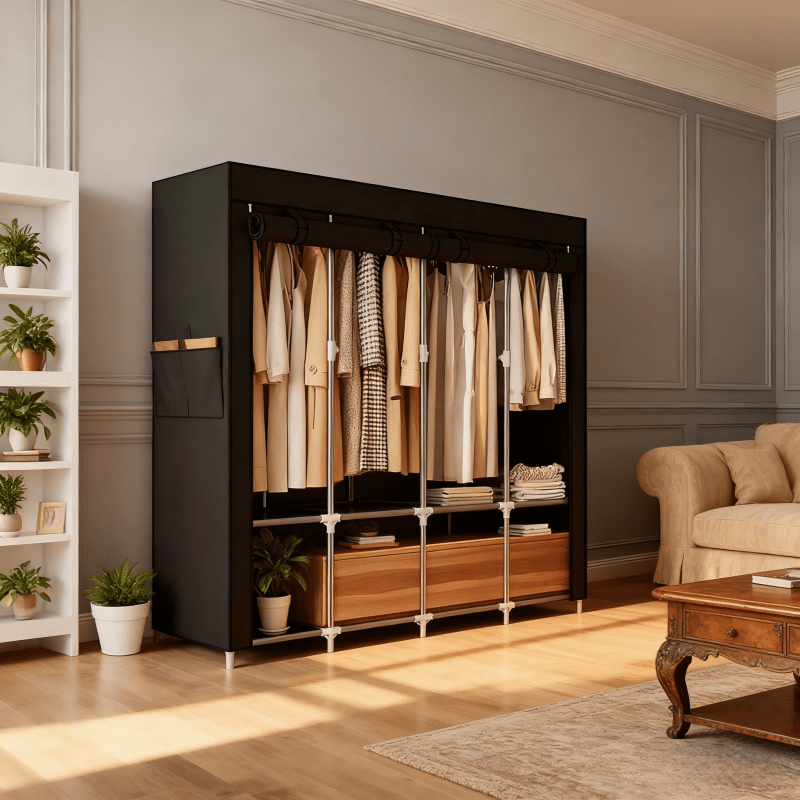 4-Tier Freestanding Wardrobe | Modern Minimalist Heavy-Duty Clothes Storage Cabinet with Sturdy Metal Frame