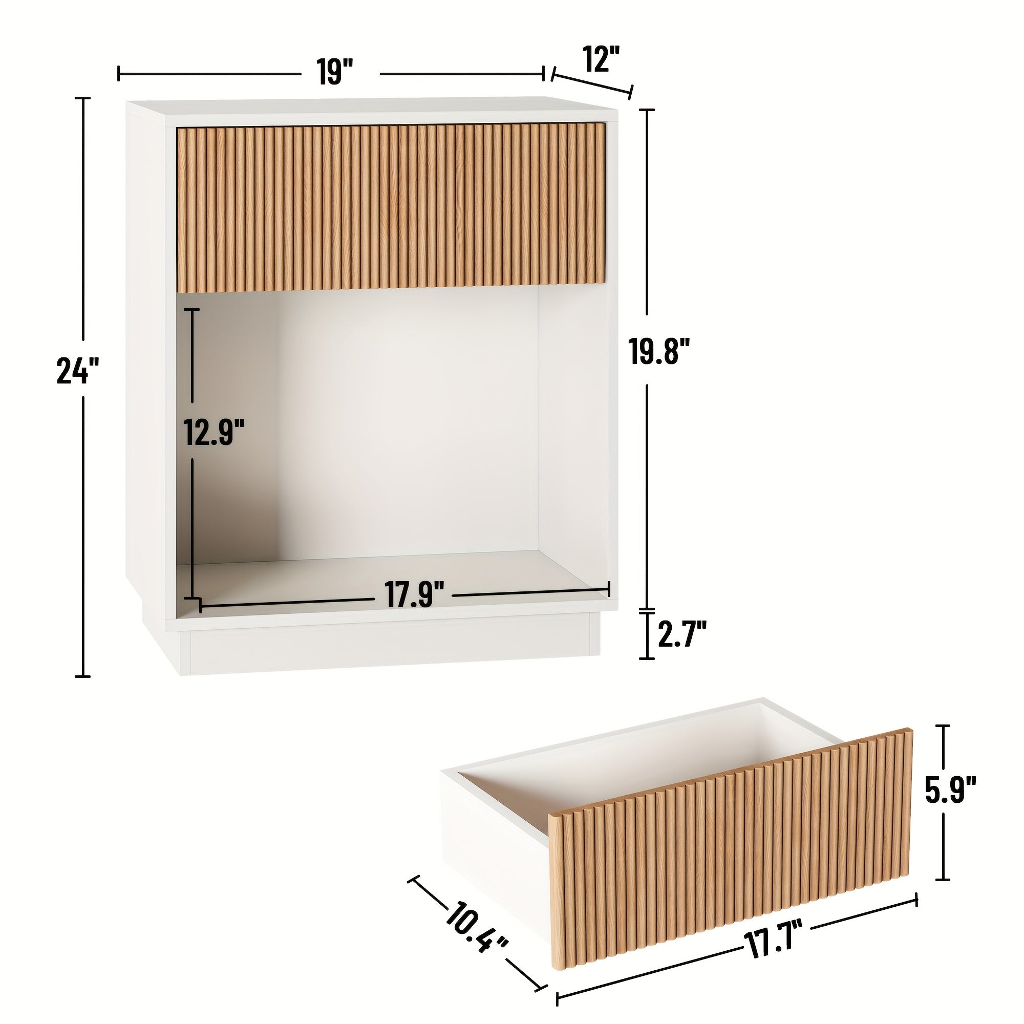 Set of 2 Modern Mid-Century White & Oak Fluted Nightstands - Bedside Tables with Drawer & Open Shelf