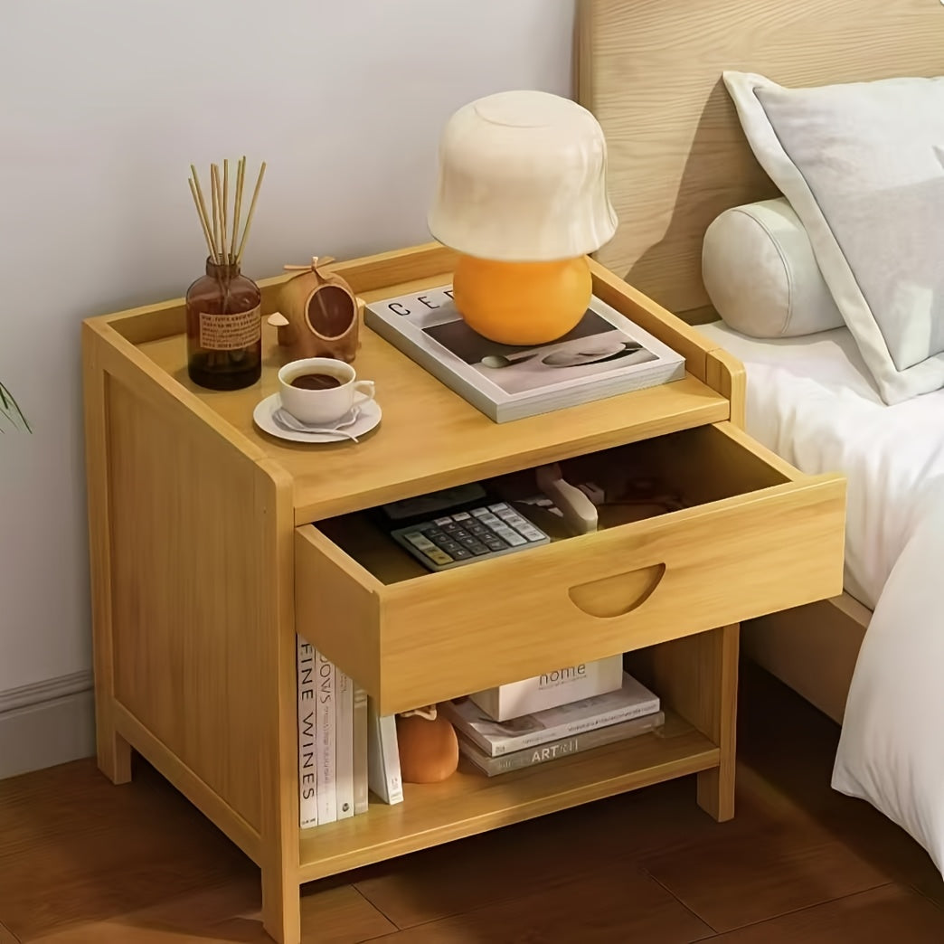 Bamboo Wood Bedside Table with Drawer and Open Storage Cabinet