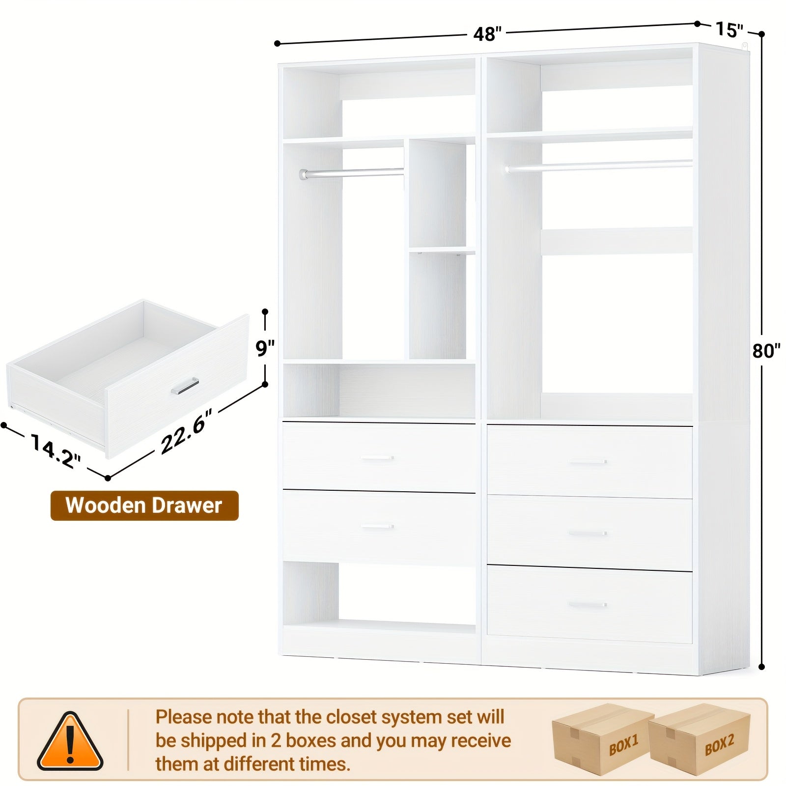 4ft Closet Systems with 5 Wood Drawers, 48 Inch Closet Organizer System with 2 Hanging Rods & 7 Shelves, Heavy Duty 48\