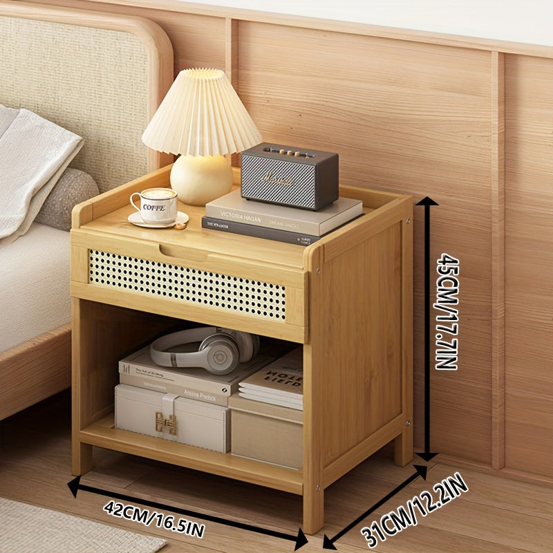 Bamboo Wood Bedside Table with Drawer and Open Storage Cabinet