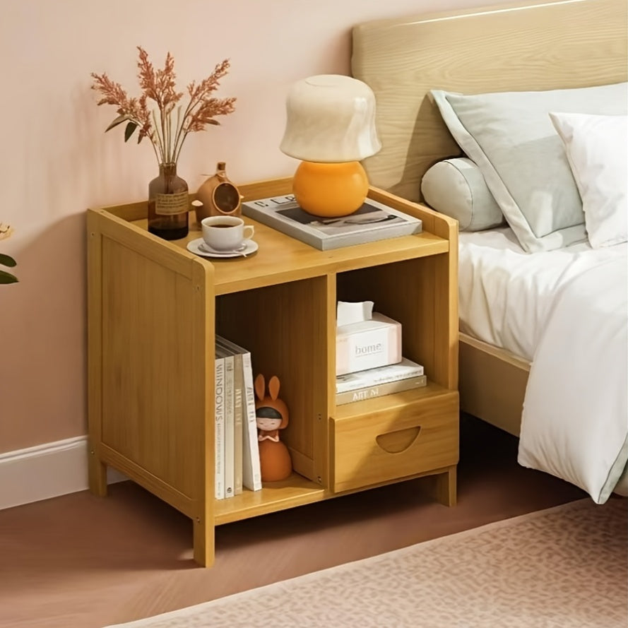 Bamboo Wood Bedside Table with Drawer and Open Storage Cabinet