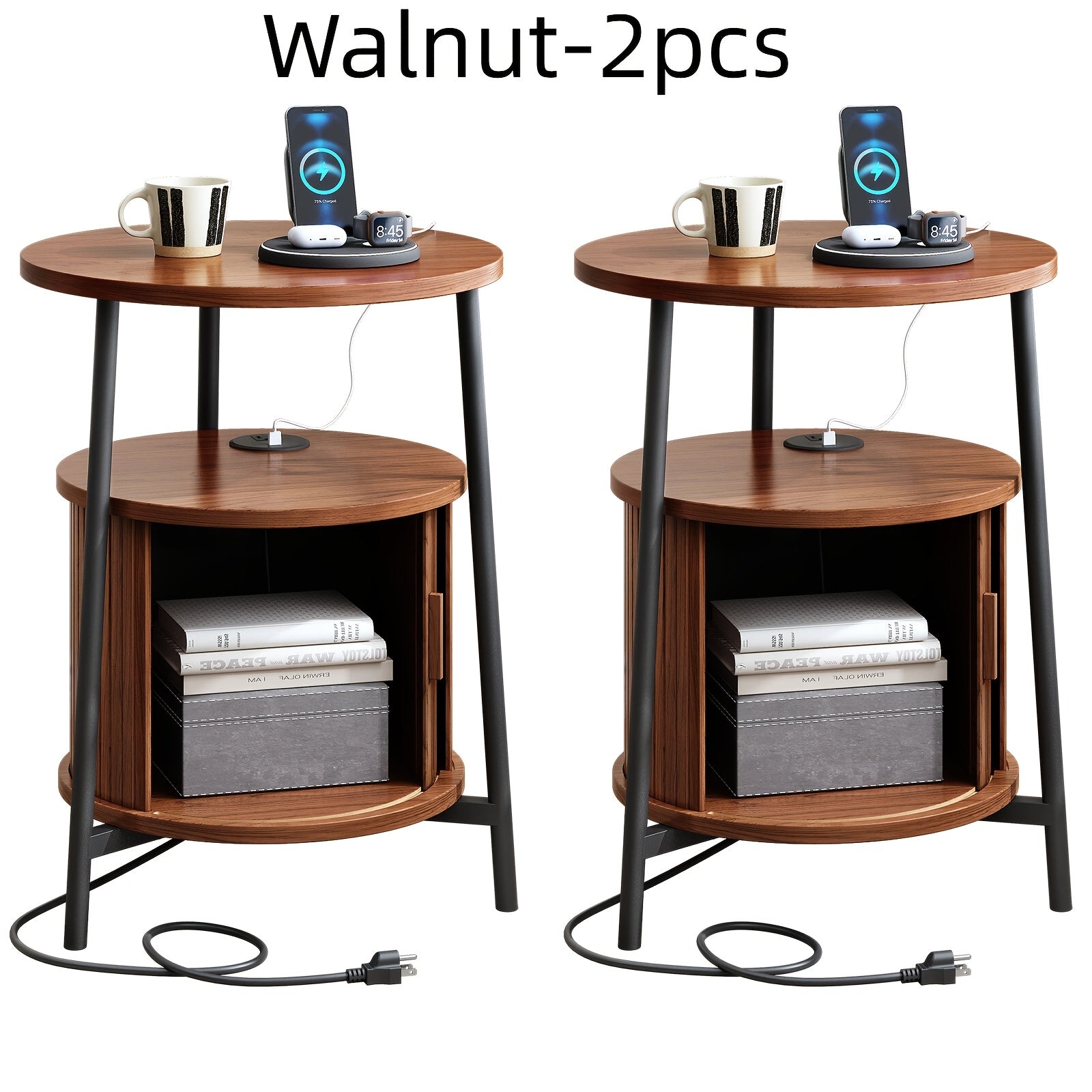 Round Side Table with Storage, Fluted Nightstand with Charging Station