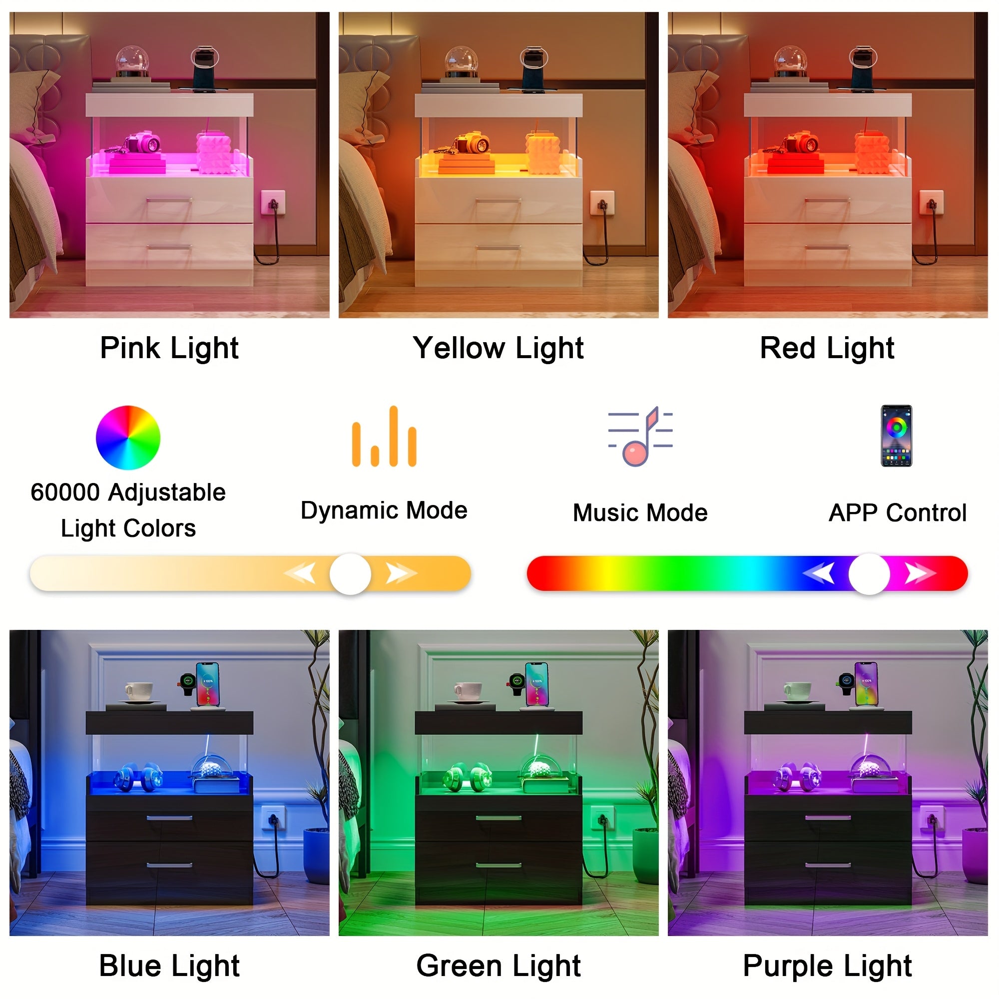 LED Nightstand with Charging Station, Modern Night Stand Set of 2 with USB Ports and Outlets
