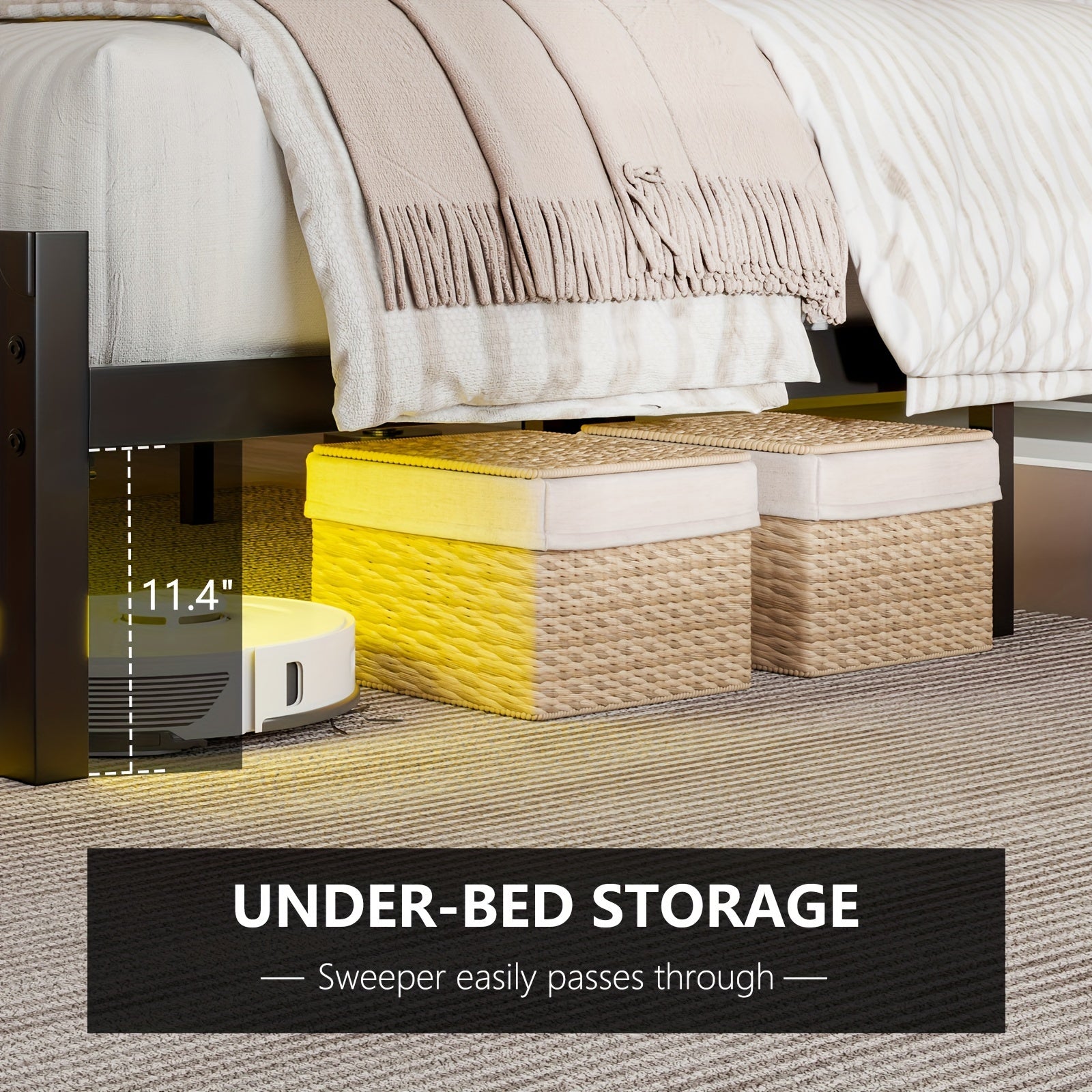 Bed Frame with RGBW LED Lights & Charging Station, Linen Upholstered Headboard with 2-Tier Storage