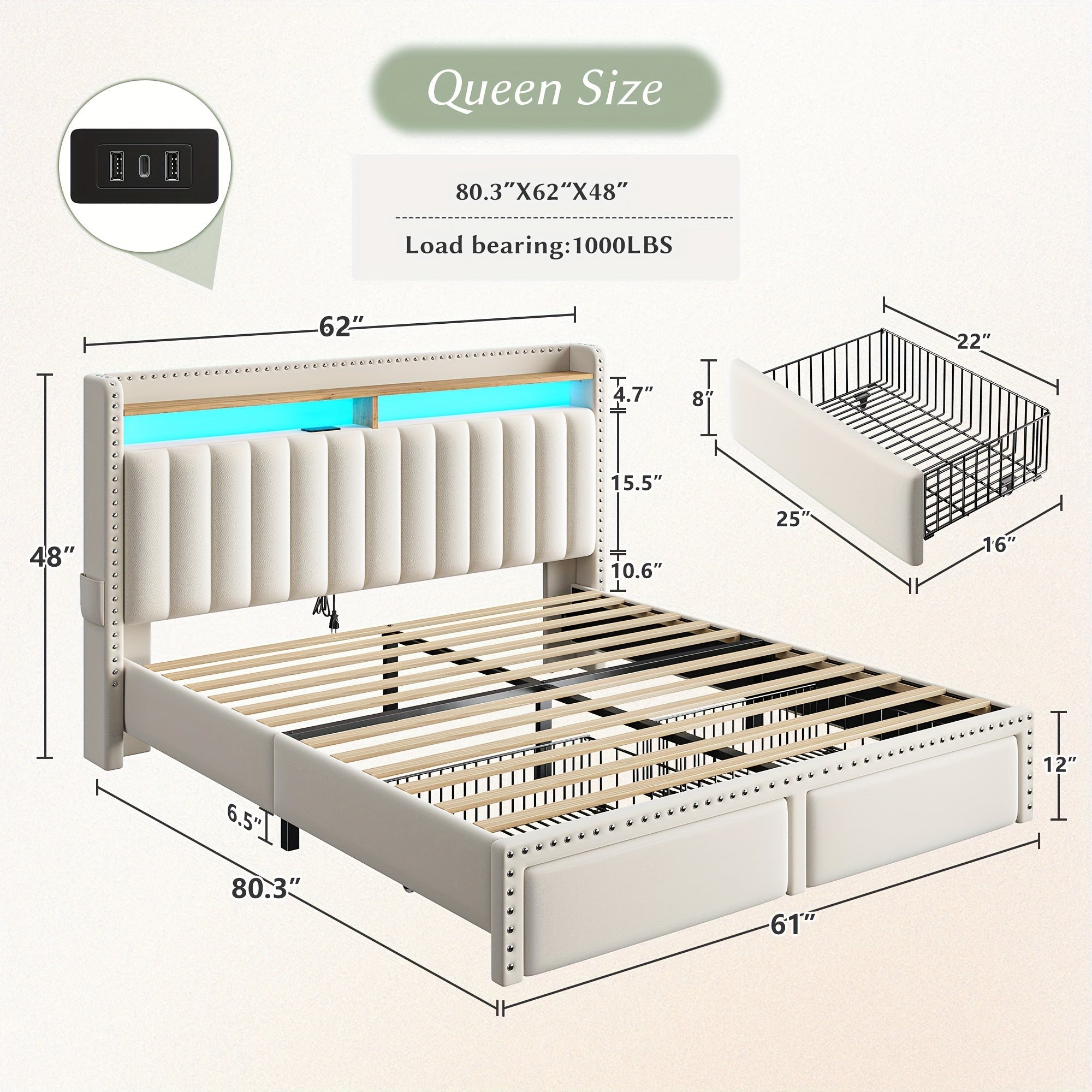 Color-Controlled Bed Frame With Light Strip And Socket, Three Sizes Available