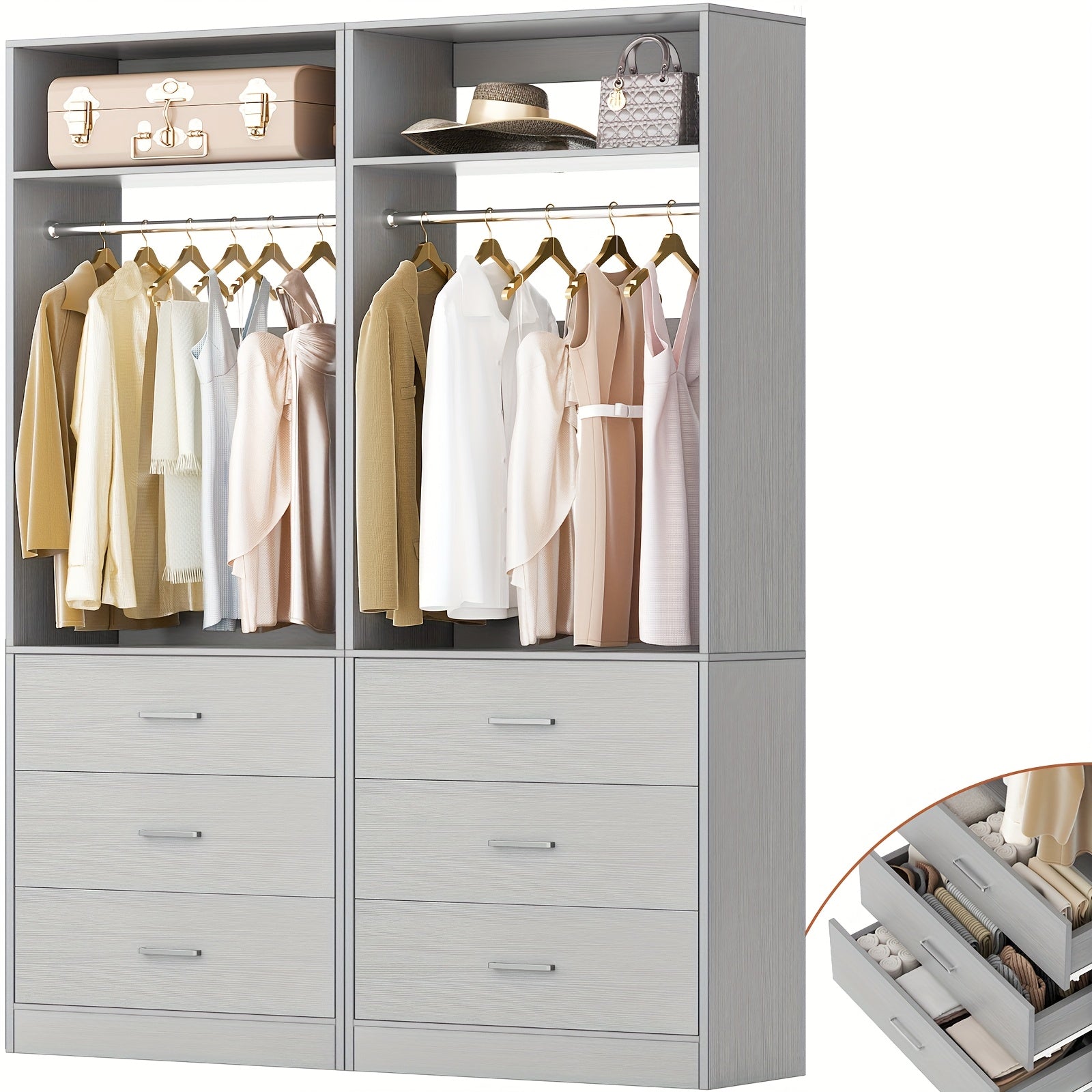 4-Foot Closet Setups Featuring 6 Wooden Drawers, a 48-Inch Closet Organization System Equipped with 2 Hanging Rods And 2 Shelves, a Robust 48-Inch Walk-In Closet, Sold As a Pair (48\