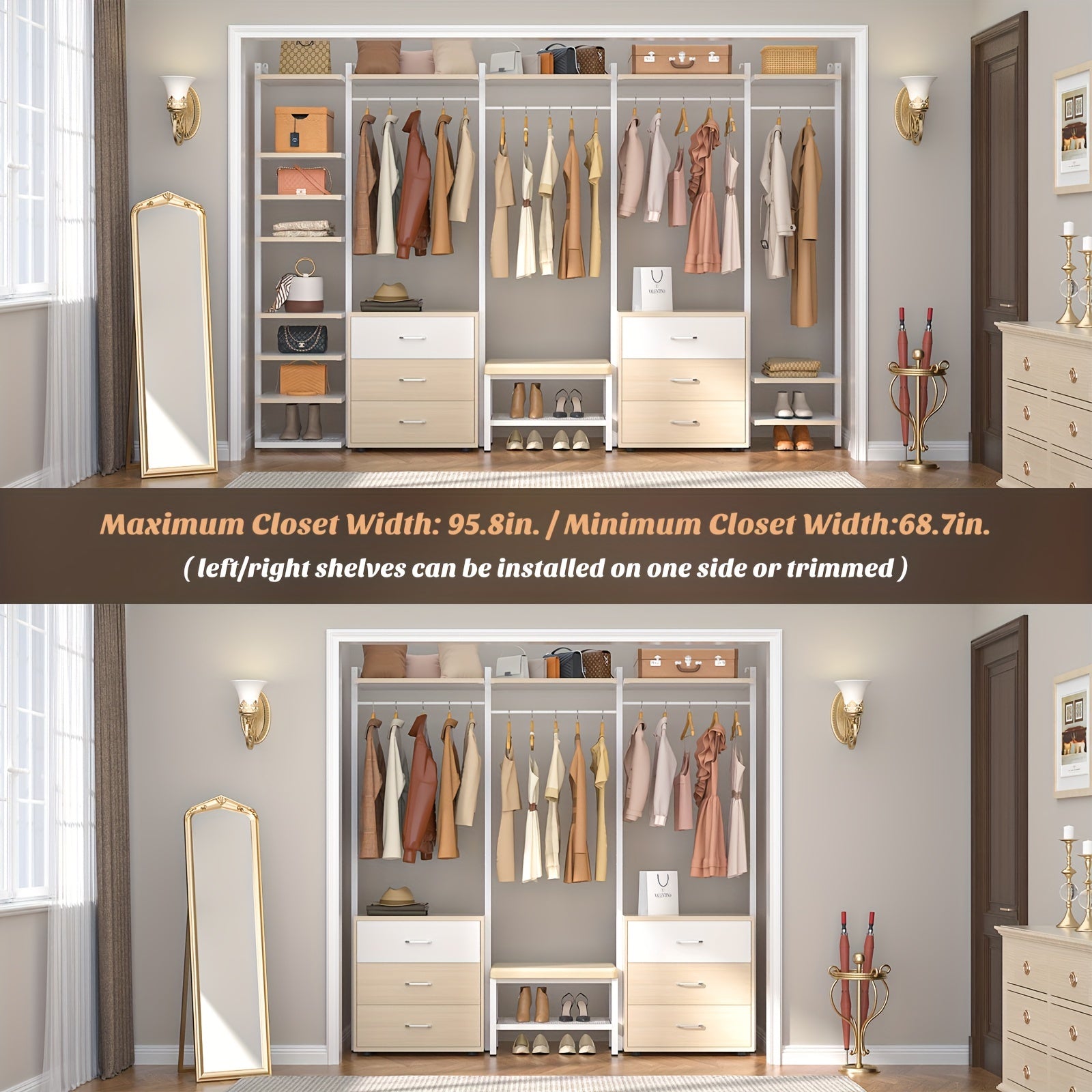 8ft Aheaplus Wardrobe System with 6 Wooden Drawers, 96in Wooden Walk-in Closet Storage Rack with Storage Shelves, Heavy Duty Clothes Hanger Wardrobe, Clothes Hanger for Hanging Clothes, Bedroom 96in L x 15.7in W x 79.5in H, Max Load 1000 Pounds