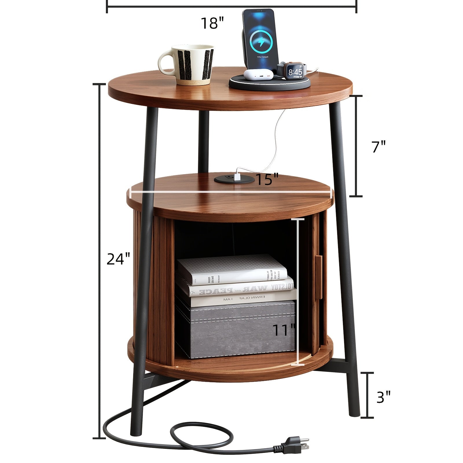 Round Side Table with Storage, Fluted Nightstand with Charging Station