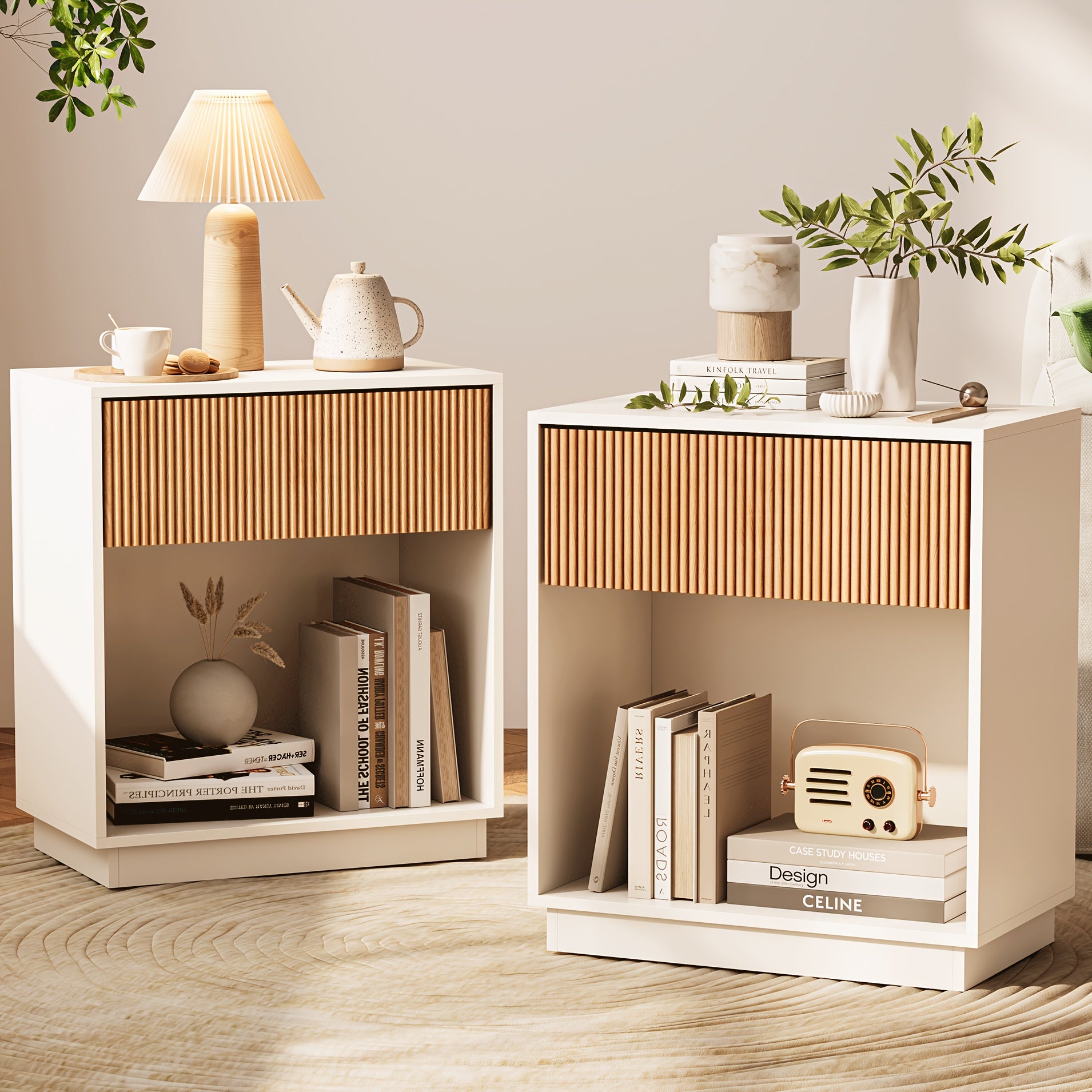 Set of 2 Modern Mid-Century White & Oak Fluted Nightstands - Bedside Tables with Drawer & Open Shelf