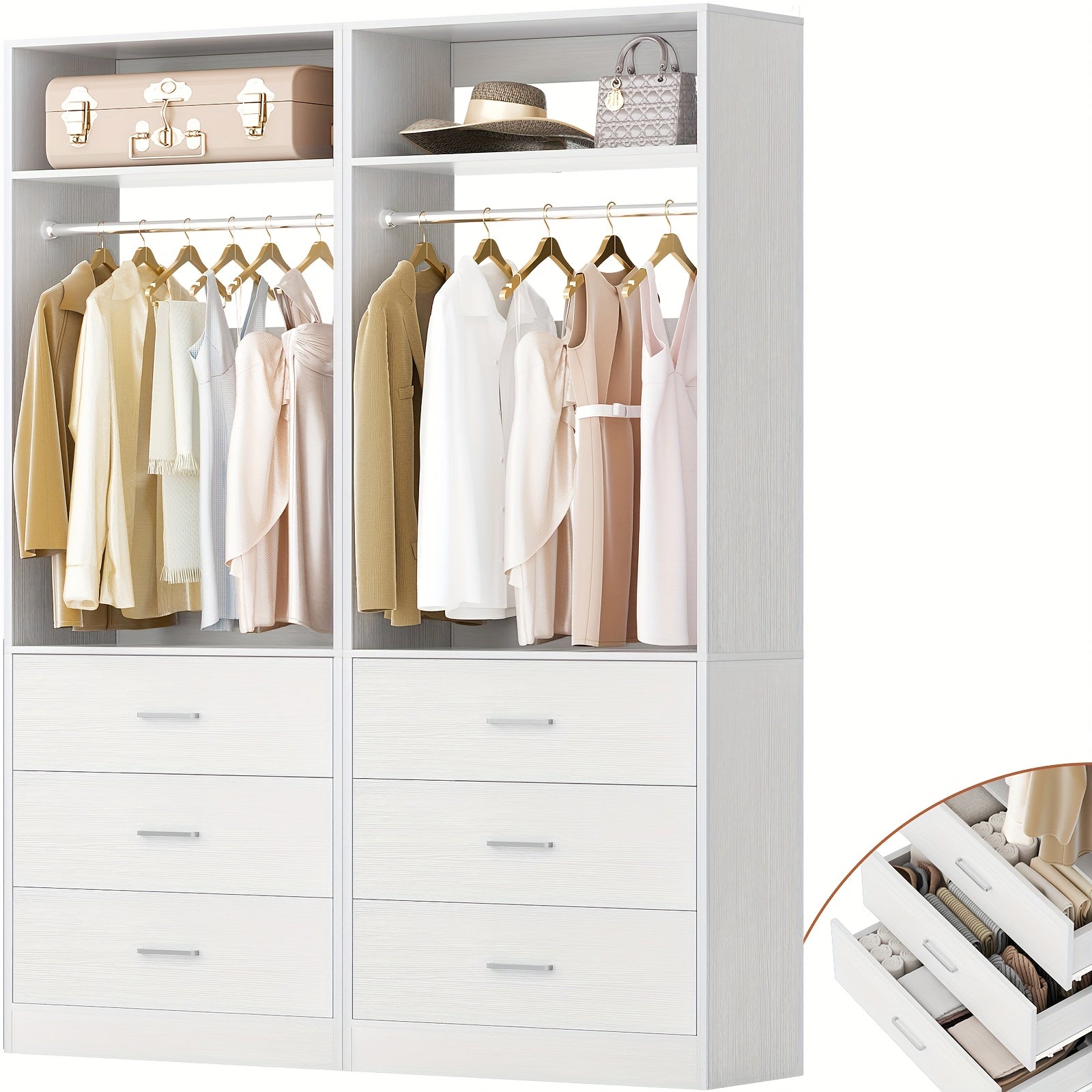 4-Foot Closet Setups Featuring 6 Wooden Drawers, a 48-Inch Closet Organization System Equipped with 2 Hanging Rods And 2 Shelves, a Robust 48-Inch Walk-In Closet, Sold As a Pair (48\