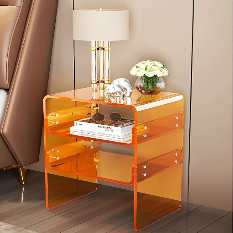 Modern Orange 3-Tier Acrylic Side Table - Heavy-Duty Multifunctional 3-Shelf Freestanding Furniture