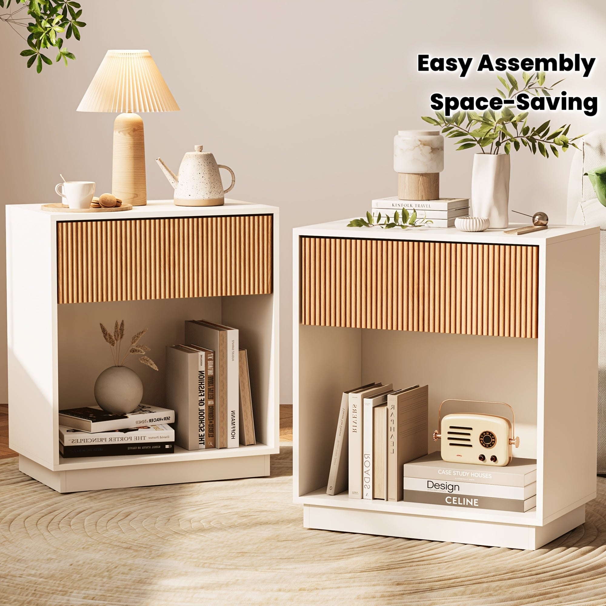 Set of 2 Modern Mid-Century White & Oak Fluted Nightstands - Bedside Tables with Drawer & Open Shelf