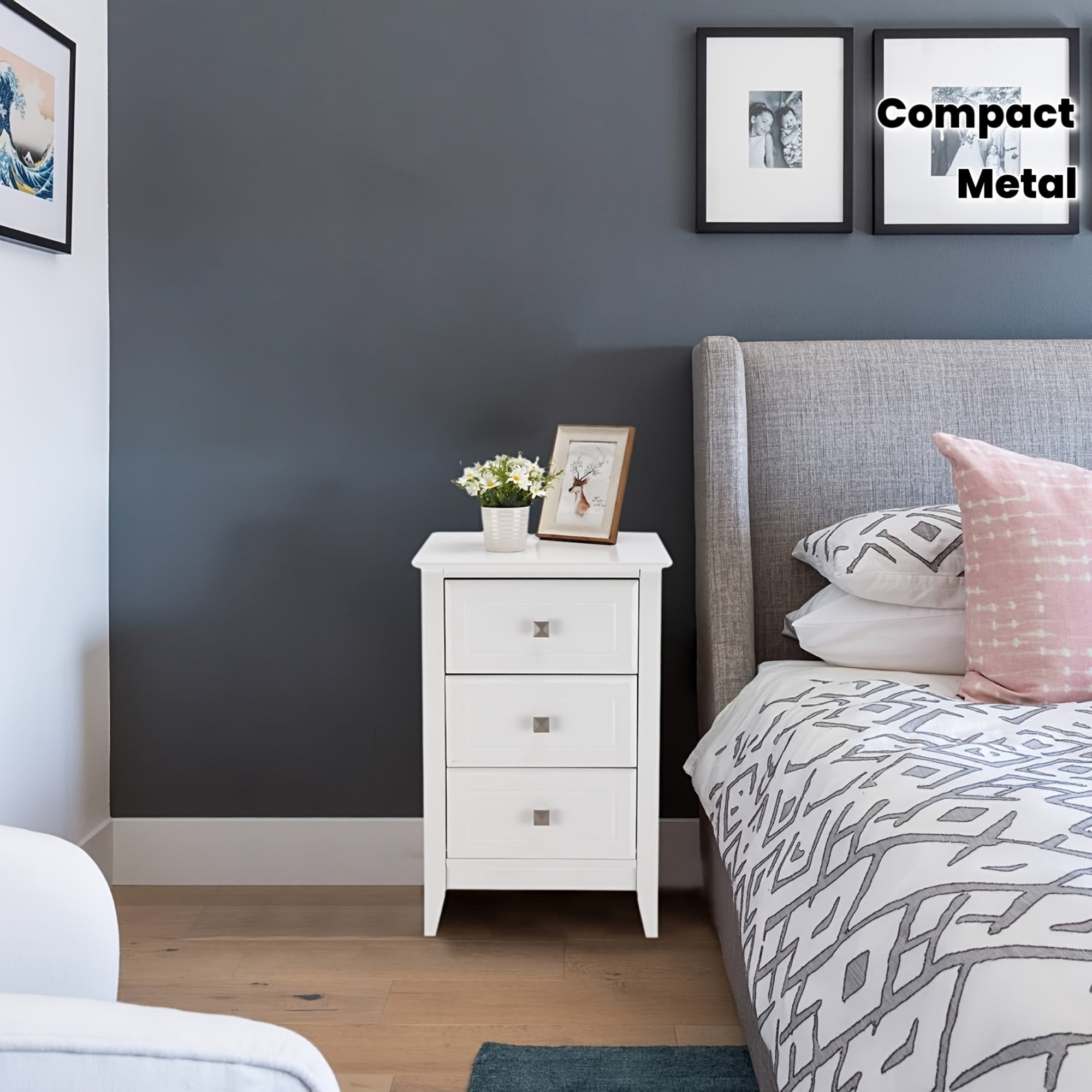 Bonnlo Modern Minimalist Nightstand - No Assembly Required Bedside Table with 3 Smooth-Gliding Drawers