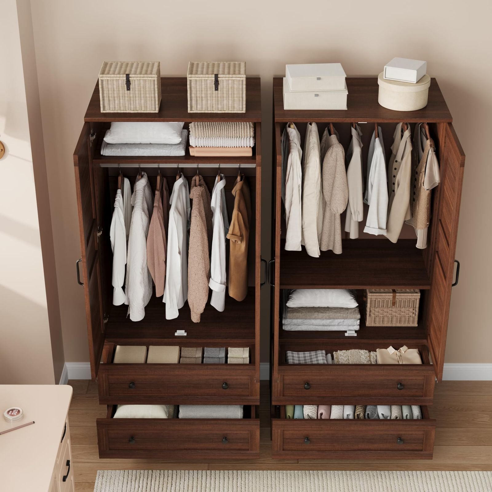 Armoire Wardrobe Closet with 2 Drawers | 72 in Wooden Wardrobe Cabinet with Hanging Rod, Tall Clothing Armoire Cabinet with Doors and 18 Adjustable Shelves for Bedroom, Clothes | Contemporary Style, Floor Mount