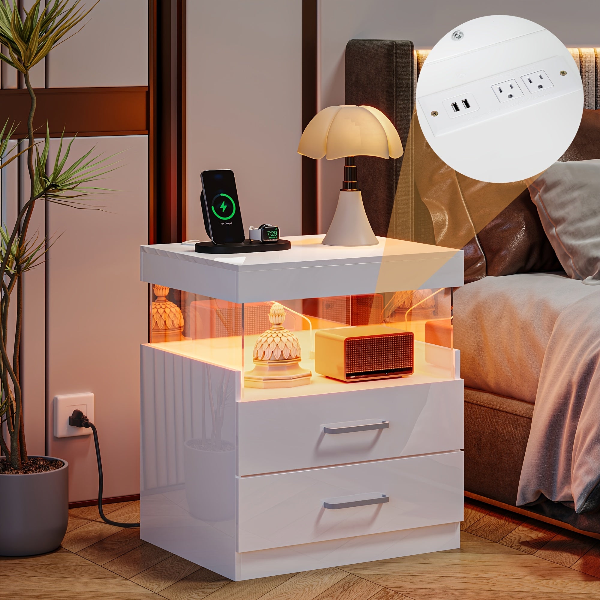 LED Nightstand with Charging Station, Modern Night Stand Set of 2 with USB Ports and Outlets