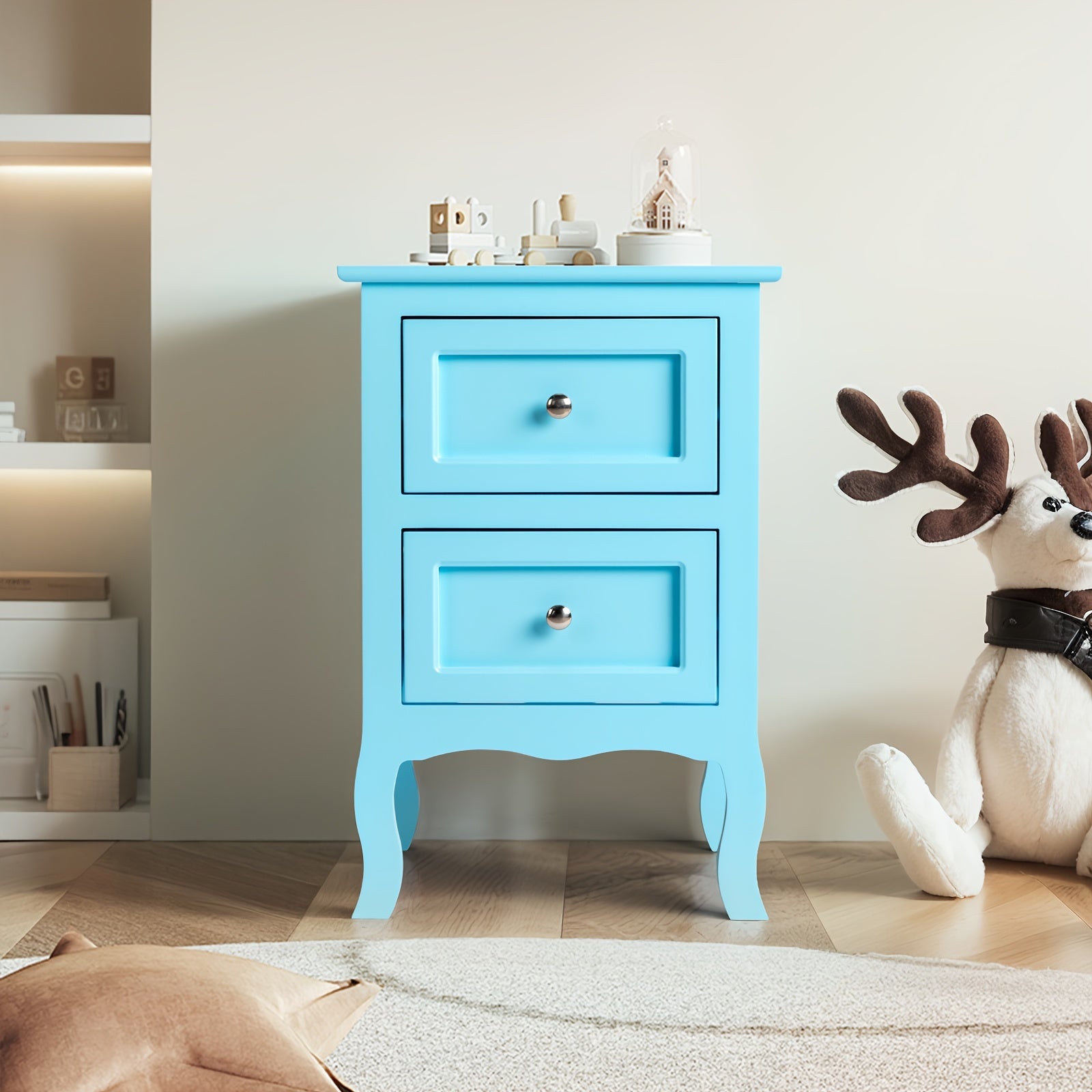 Pastoral Style Double Drawer Bedside Table, Painted Surface Density Board