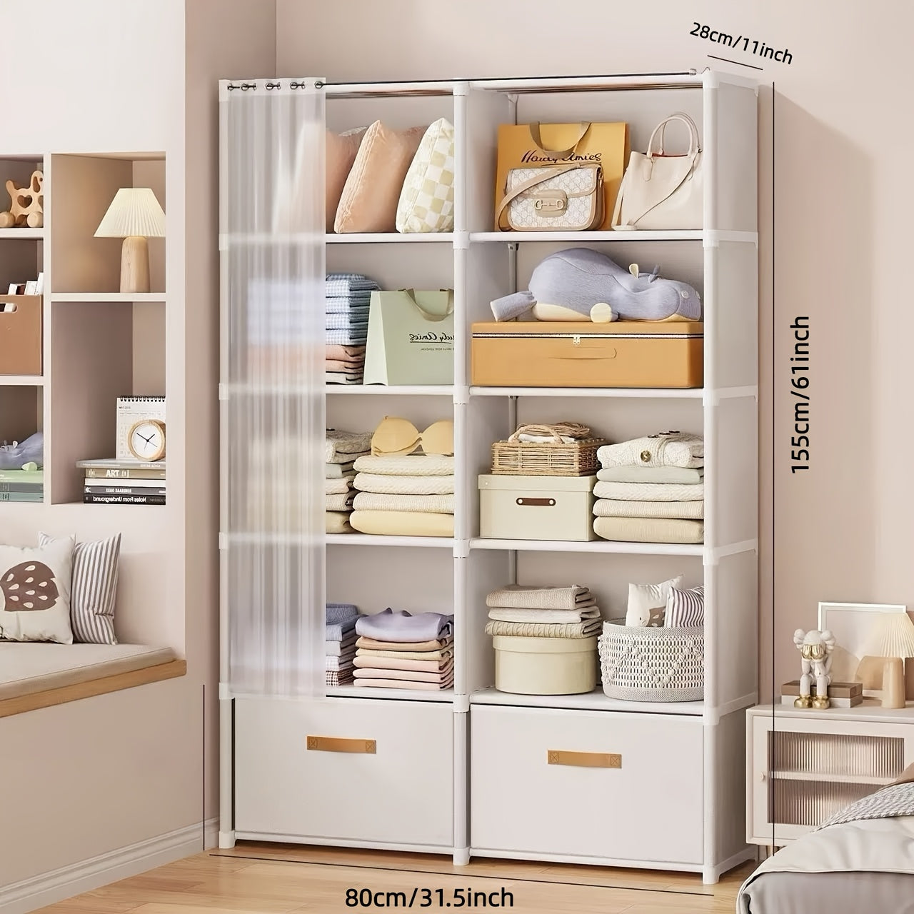 6-Tier Multi-Functional Luxury Easy-to-Assemble Wardrobe with Drawers and Curtain