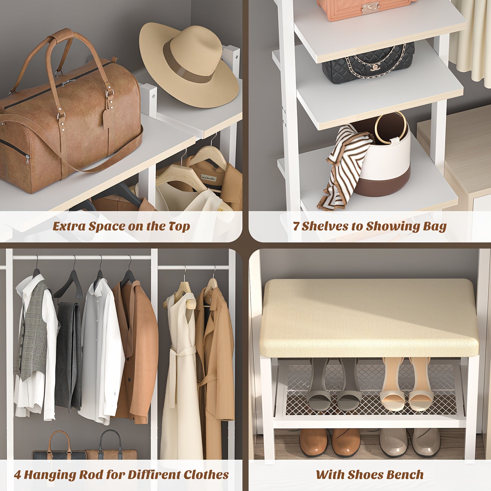 8ft Aheaplus Wardrobe System with 6 Wooden Drawers, 96in Wooden Walk-in Closet Storage Rack with Storage Shelves, Heavy Duty Clothes Hanger Wardrobe, Clothes Hanger for Hanging Clothes, Bedroom 96in L x 15.7in W x 79.5in H, Max Load 1000 Pounds