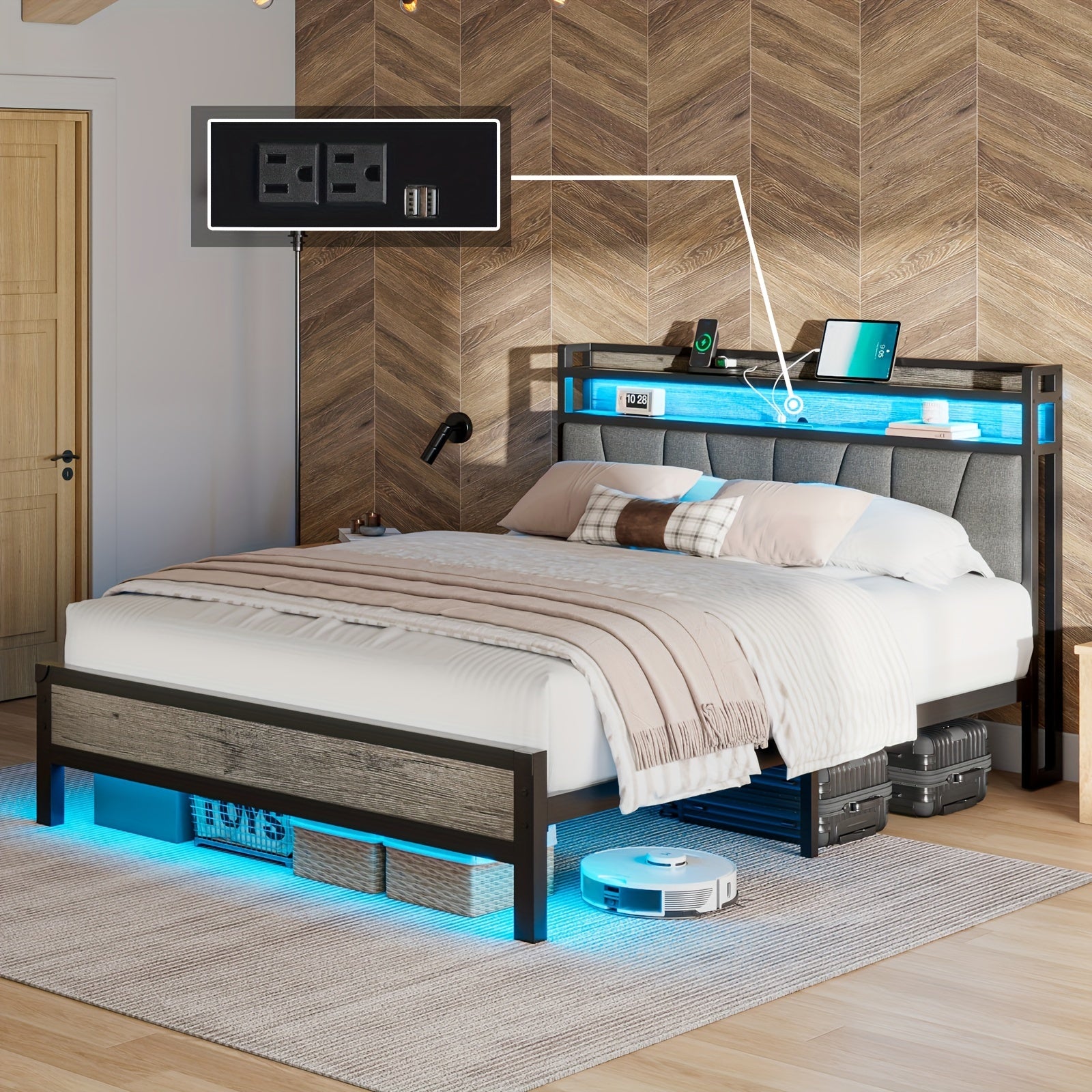 Bed Frame with RGBW LED Lights & Charging Station, Linen Upholstered Headboard with 2-Tier Storage