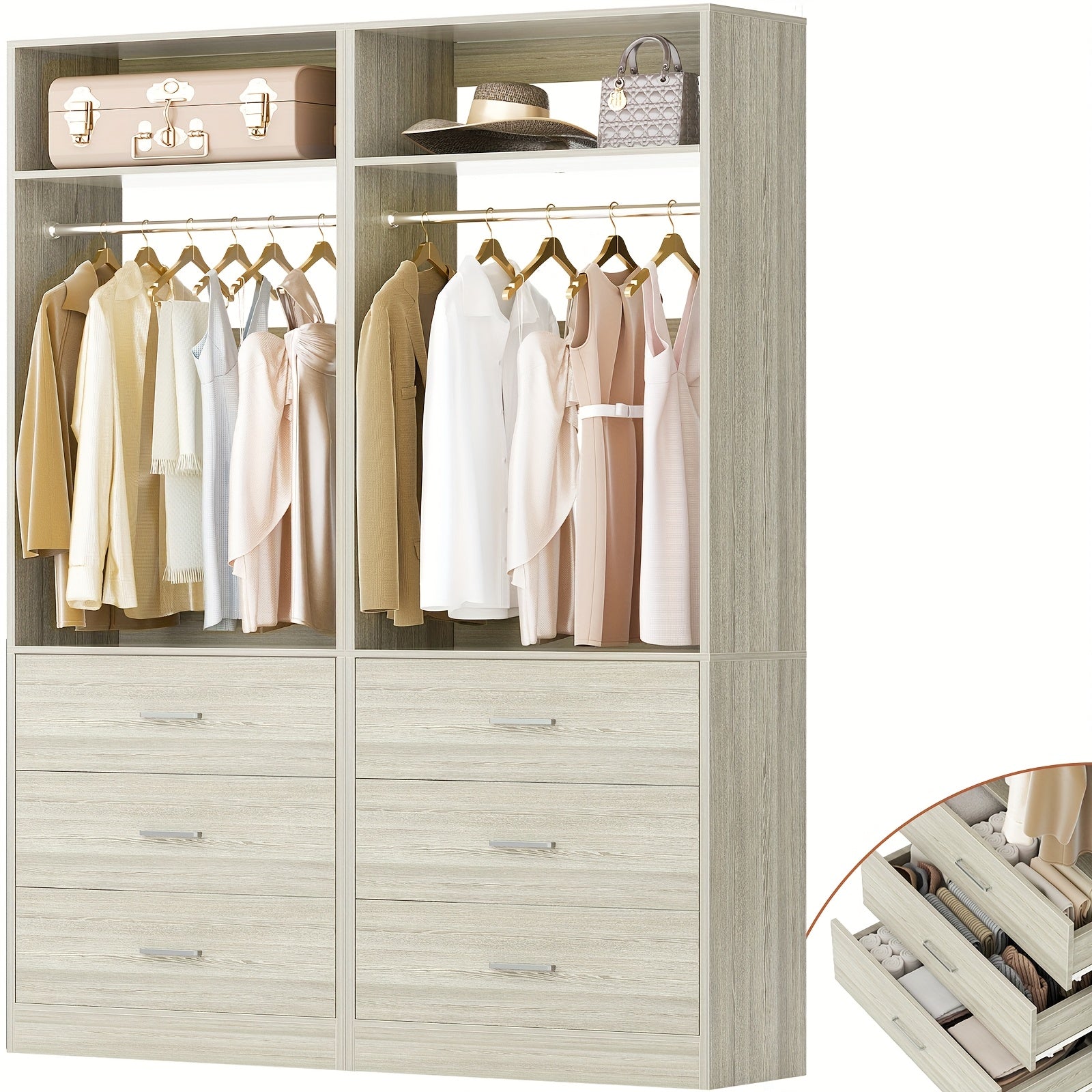48-Inch Closet System 4FT Wardrobe System Featuring 6 Wooden Drawers, a 48-Inch Closet Organization System with 2 Hanging Rods And 2 Shelves, a Heavy-Duty 48-Inch Walk-In Closet, Sold As a Set (48 Inches Long X 15 Inches Wide X 80 Inches High)